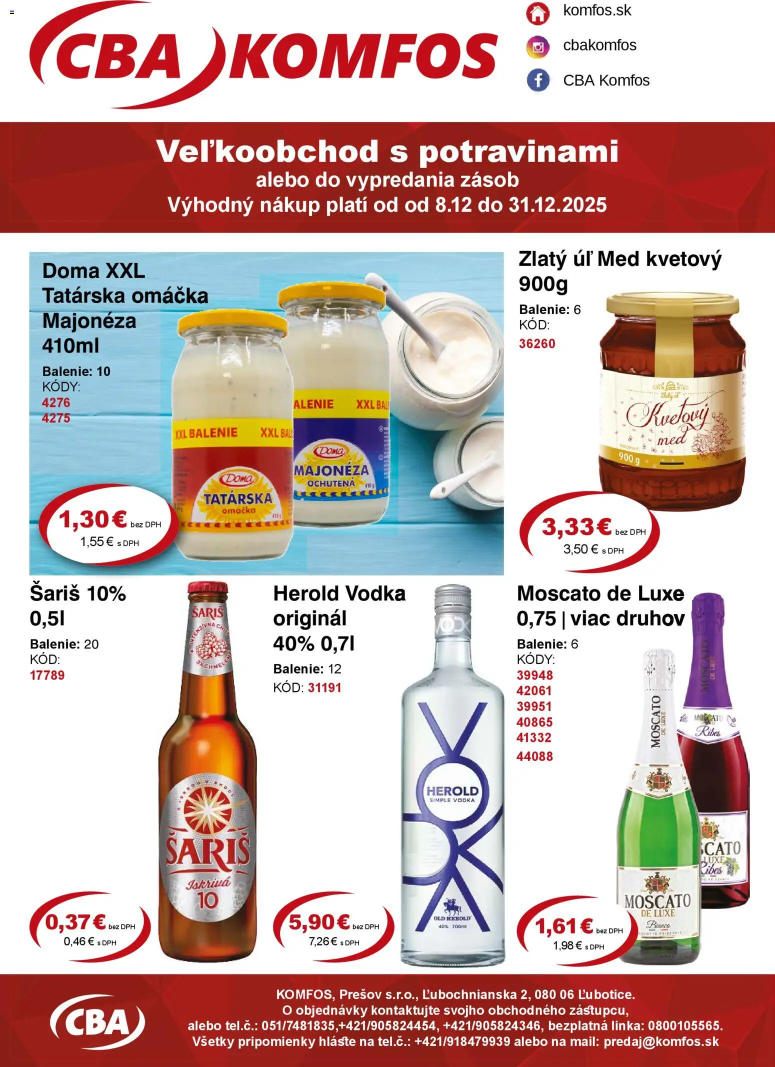 Nové CBA Komfos akcie – leták je platný od 08.12.2025 | Strana: 1 | Produkty: Šariš, Vodka, Tatárska omáčka, Omáčka