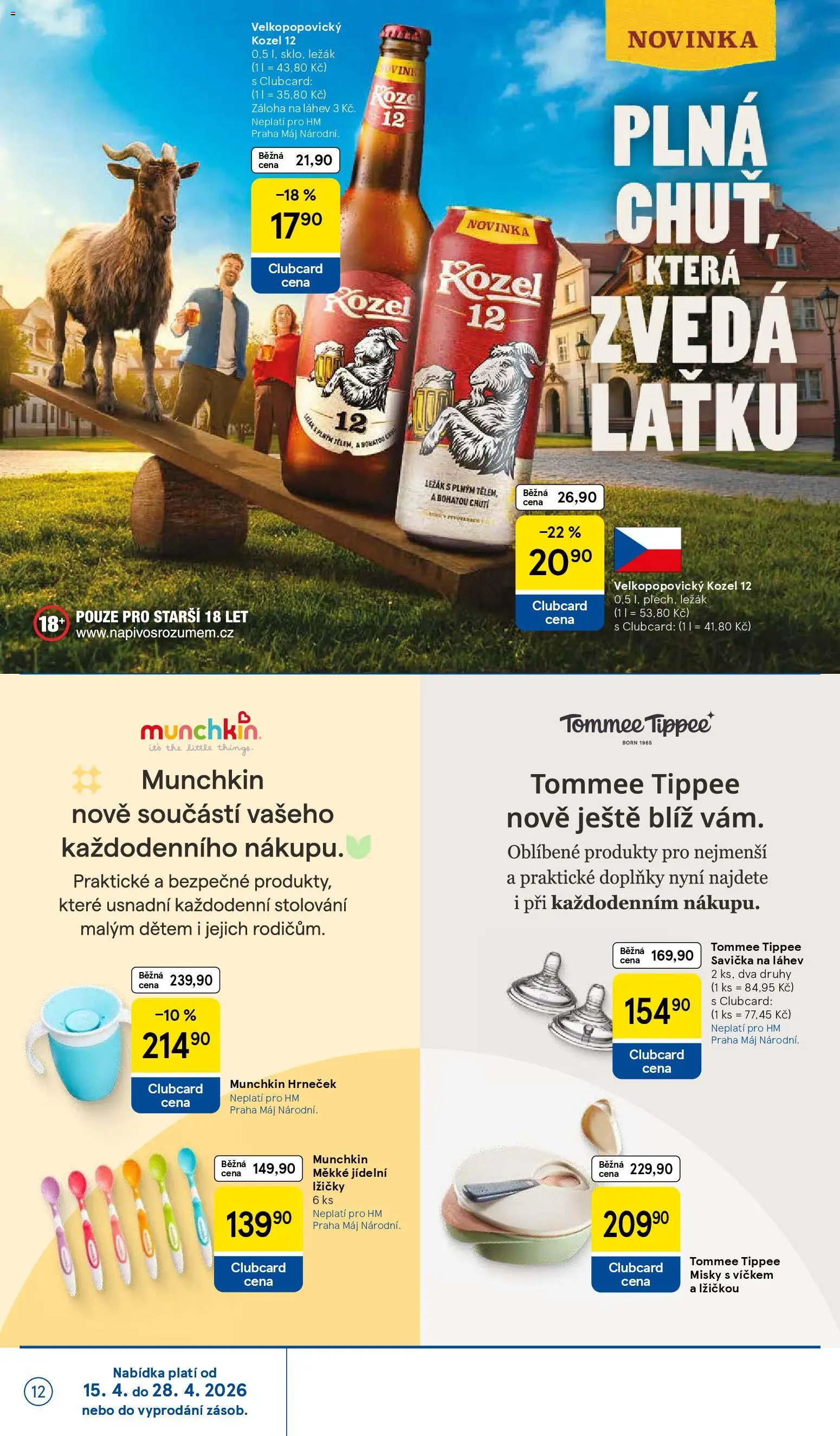 Tesco leták - Hypermarket od 15.04.2026 | Strana: 12 | Produkty: Velkopopovický Kozel 12, Kozel, Savička, Láhev