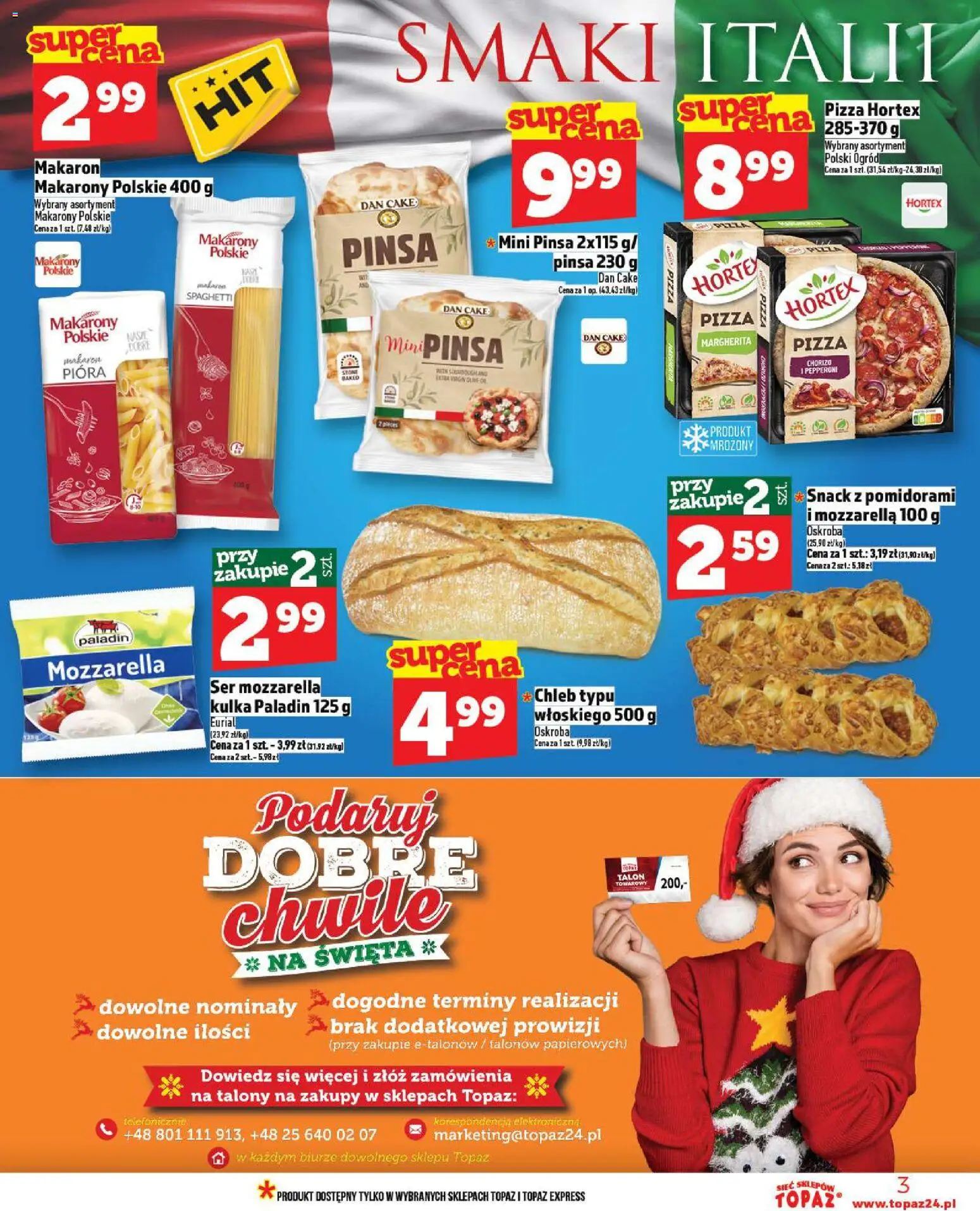 Topaz Gazetka MAZ od 20.11.2025 | Strona: 3 | Produkty: Chleb, Pizza, Makarony, Mozzarella