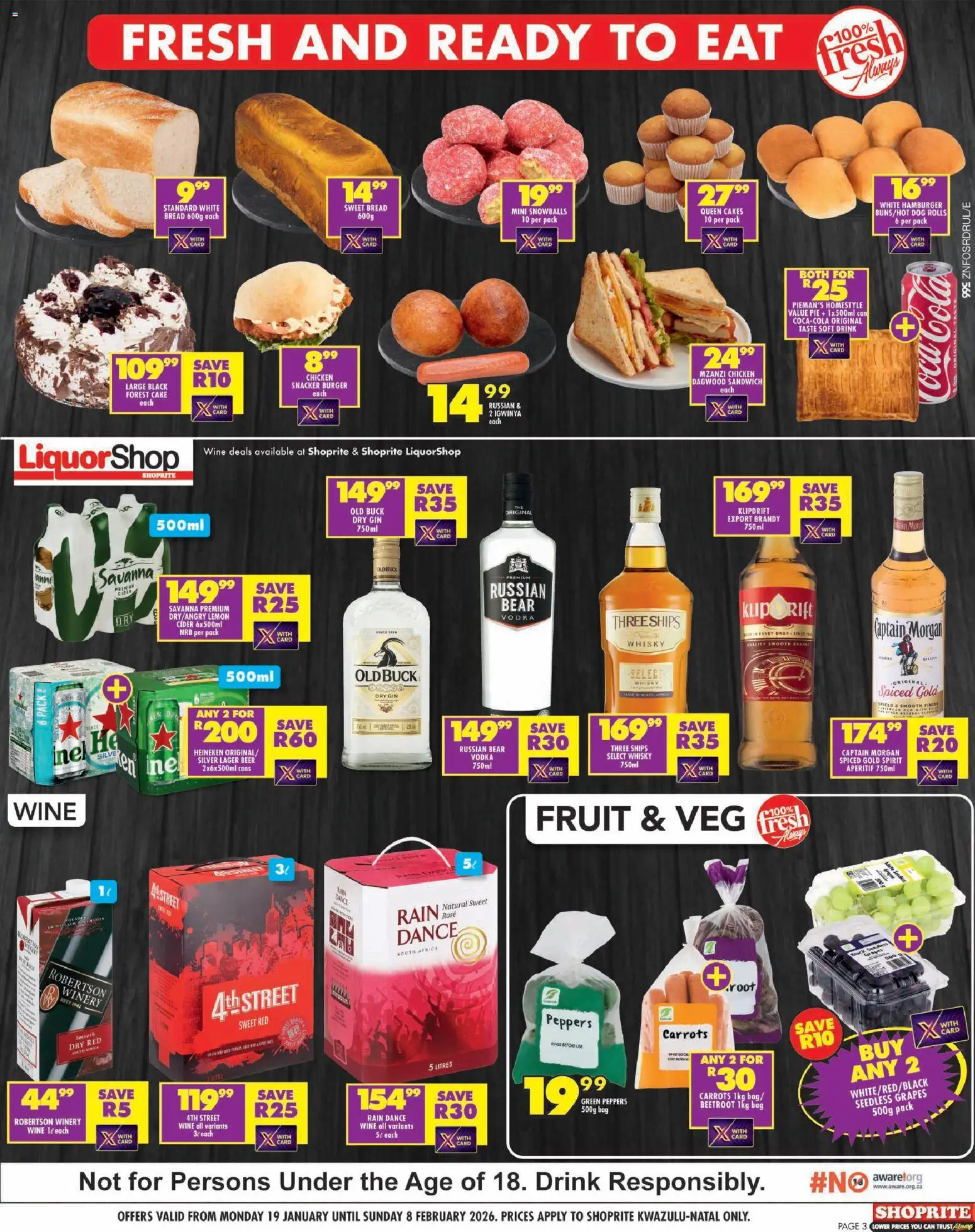 New Shoprite catalogue – valid from 19.01.2026 | Page: 3 | Products: Bread, Chicken, Gin, Carrots