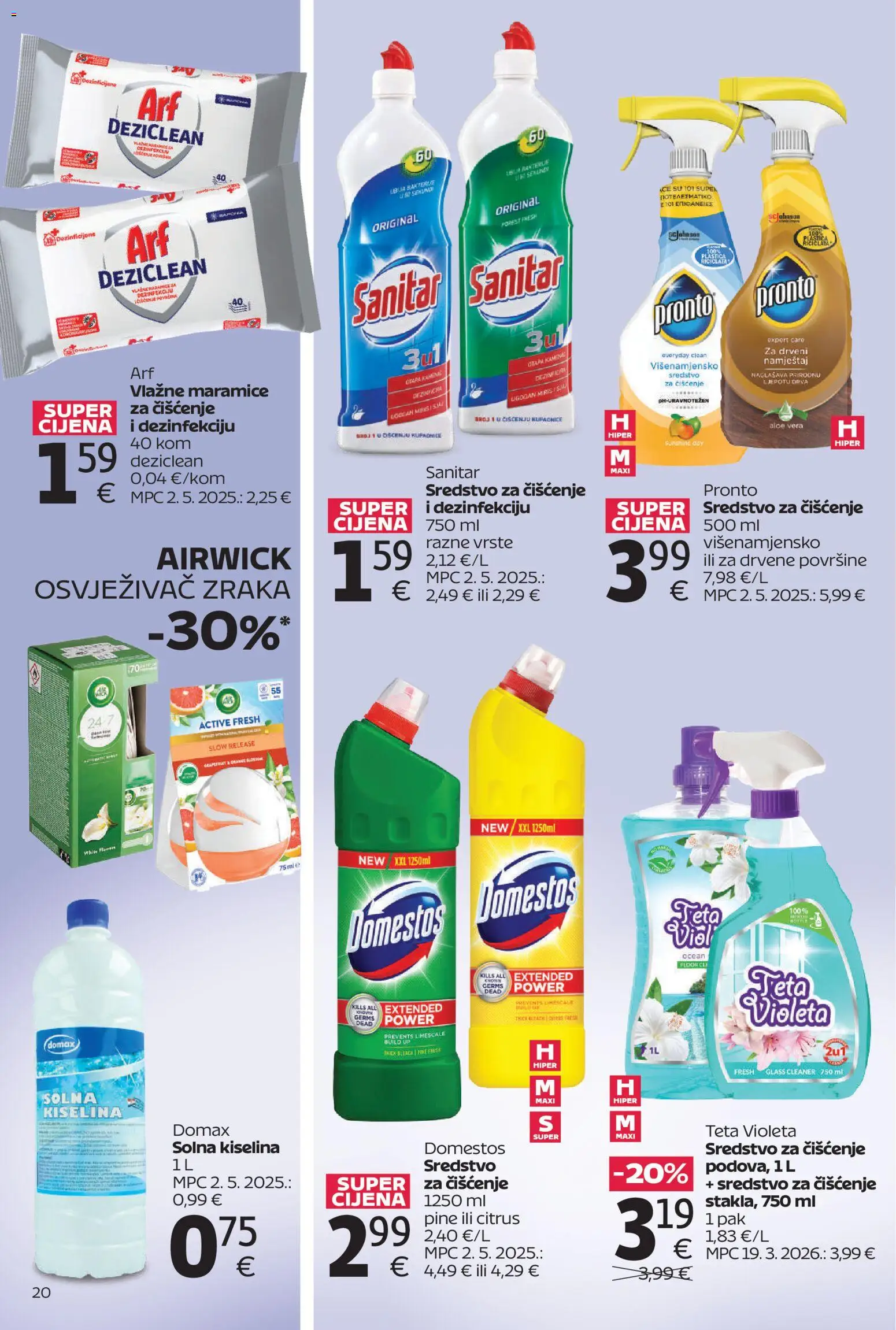 Tommy katalog | vrijedi od 13.04.2026 | Stranica: 20 | Proizvodi: Vlažne maramice, Solna kiselina, Domestos, Violeta