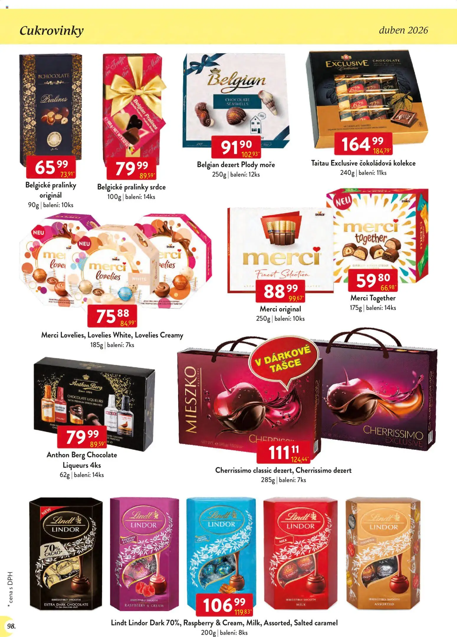 Astur & Qanto leták - Velkoobchod 04/2026 od 01.04.2026 | Strana: 98 | Produkty: Lindt, Finest, Merci, Belgické pralinky