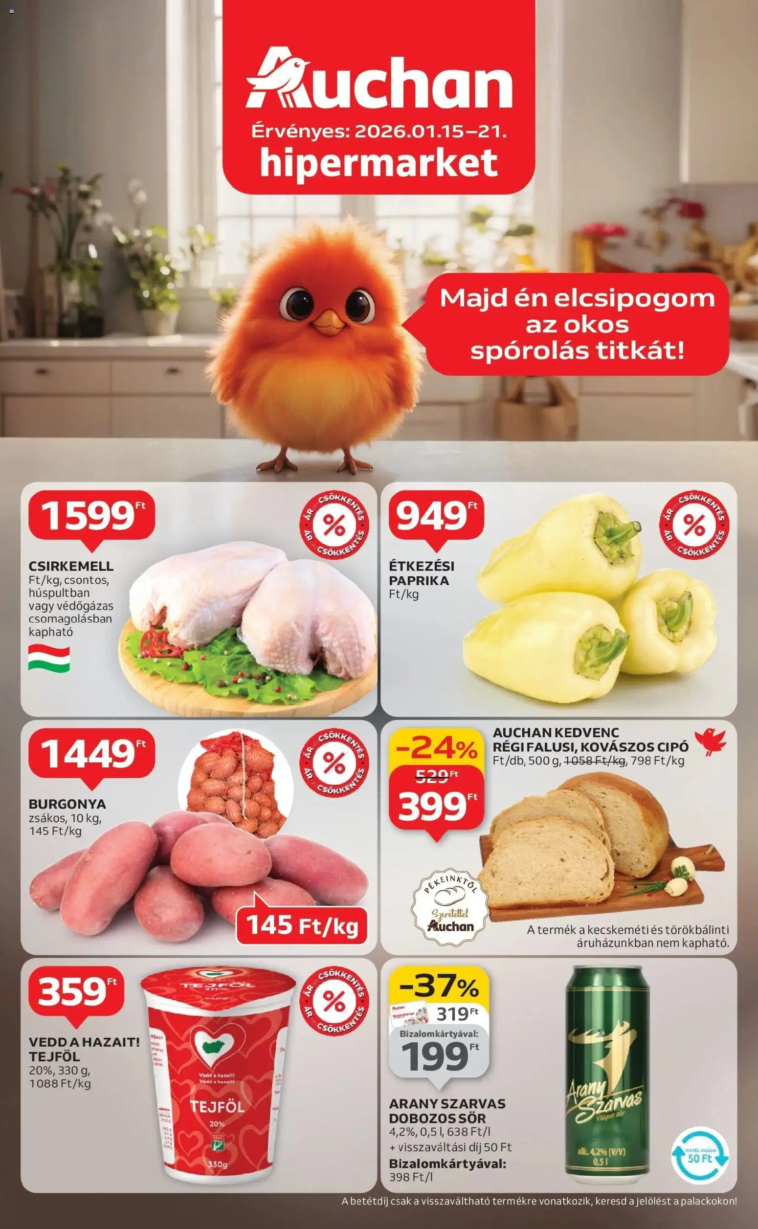 Auchan akciós ujság - amely érvényes a következő dátumtól: 15.01.2026 | Oldal: 1 | Termékek: Dobozos sör, Sör, Tejföl, Csirkemell