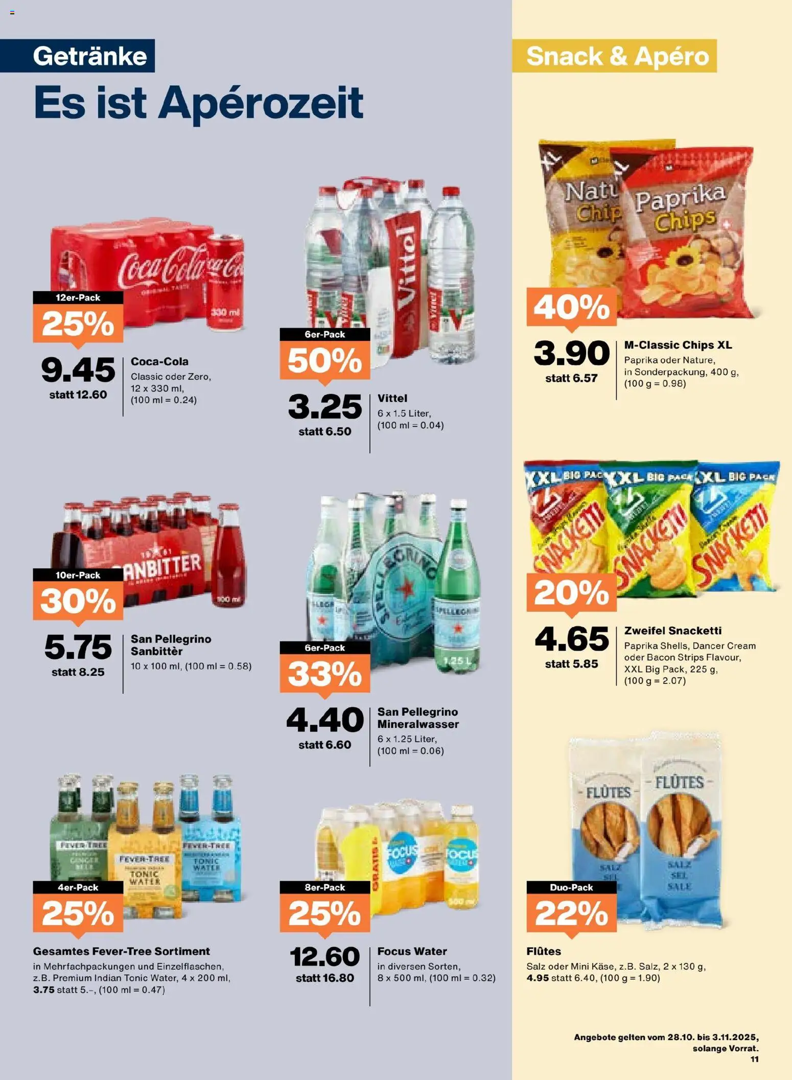 Migros Aktionen – gültig ab 28.10.2025 | Seite: 11 | Produkte: Coca Cola, Mineralwasser, Chips, Salz