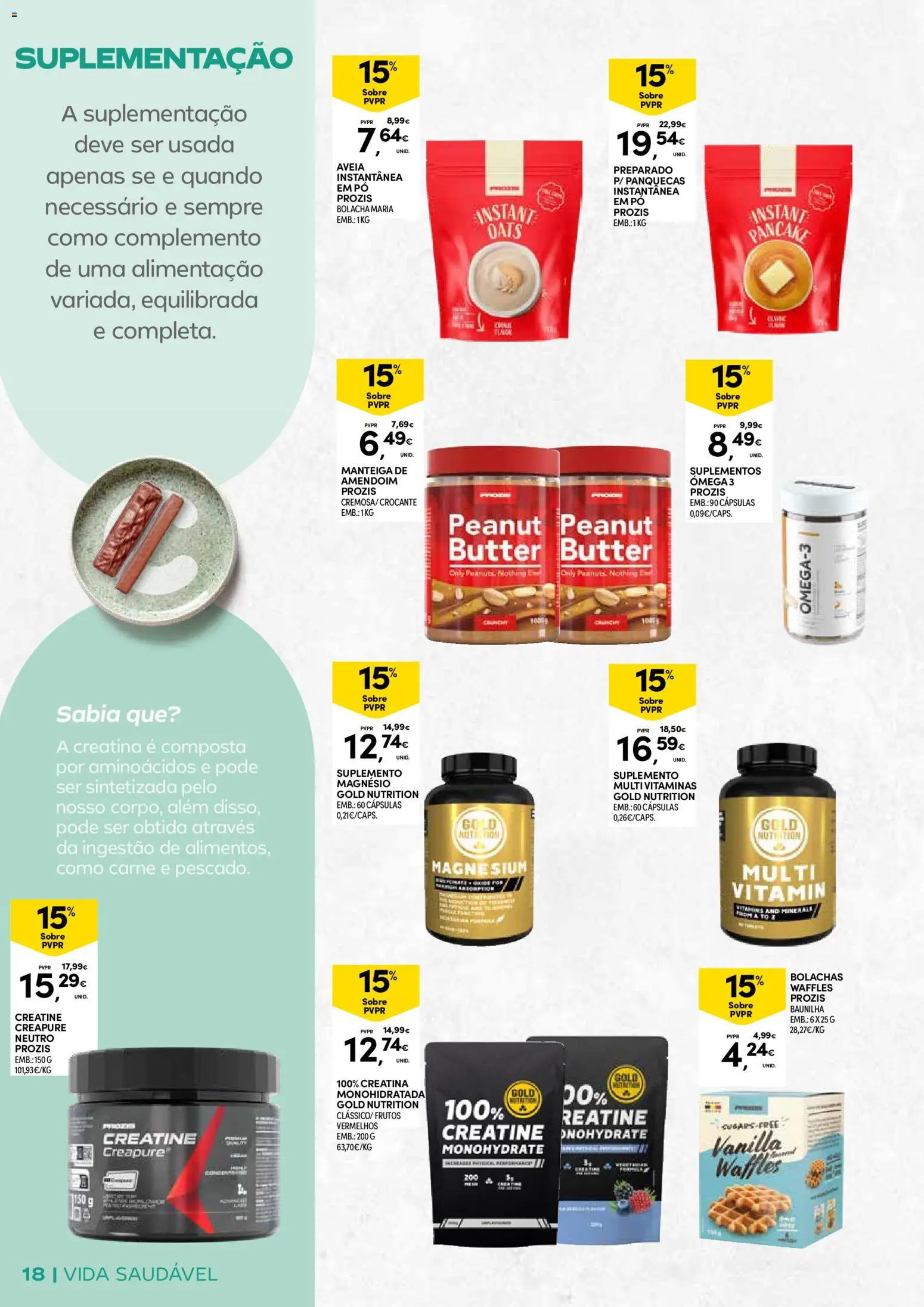 Continente - Açores: Vida Saudável │ válido de 20.01.2026 | Página: 18 | Produtos: Manteiga de amendoim, Bolachas, Creatina monohidratada, Creatina