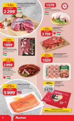 Auchan - Akciós újság Szupermarket - amely érvényes a következő dátumtól: 12.02.2026 | Oldal: 8 | Termékek: Grillkolbász, Lazacfilé, Sushi, Pecsenyekacsa