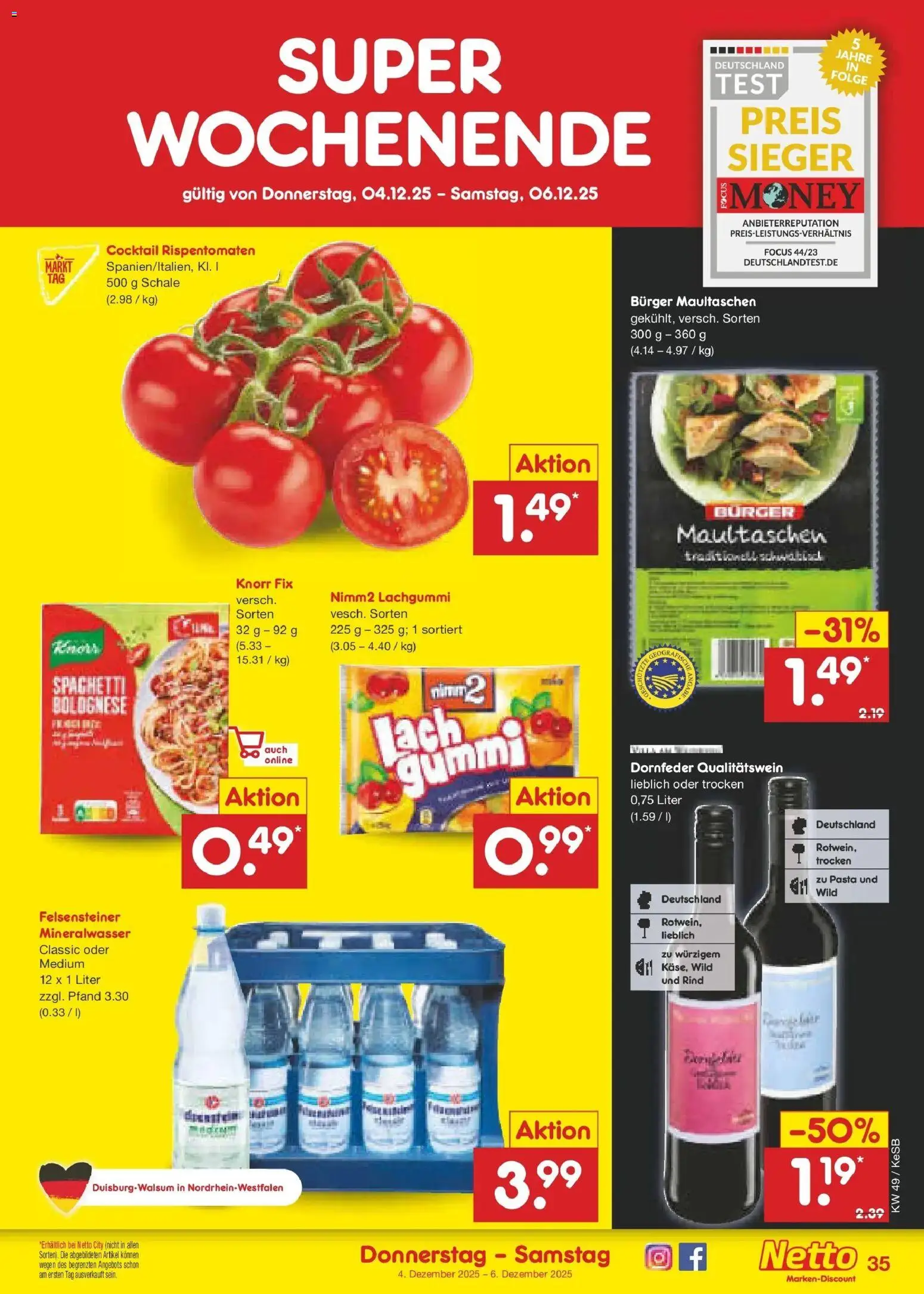 Netto Marken-Discount prospekt Bonn	 – gültig ab 01.12.2025 | Seite: 37 | Produkte: Burger, Mineralwasser, Pasta, Maultaschen