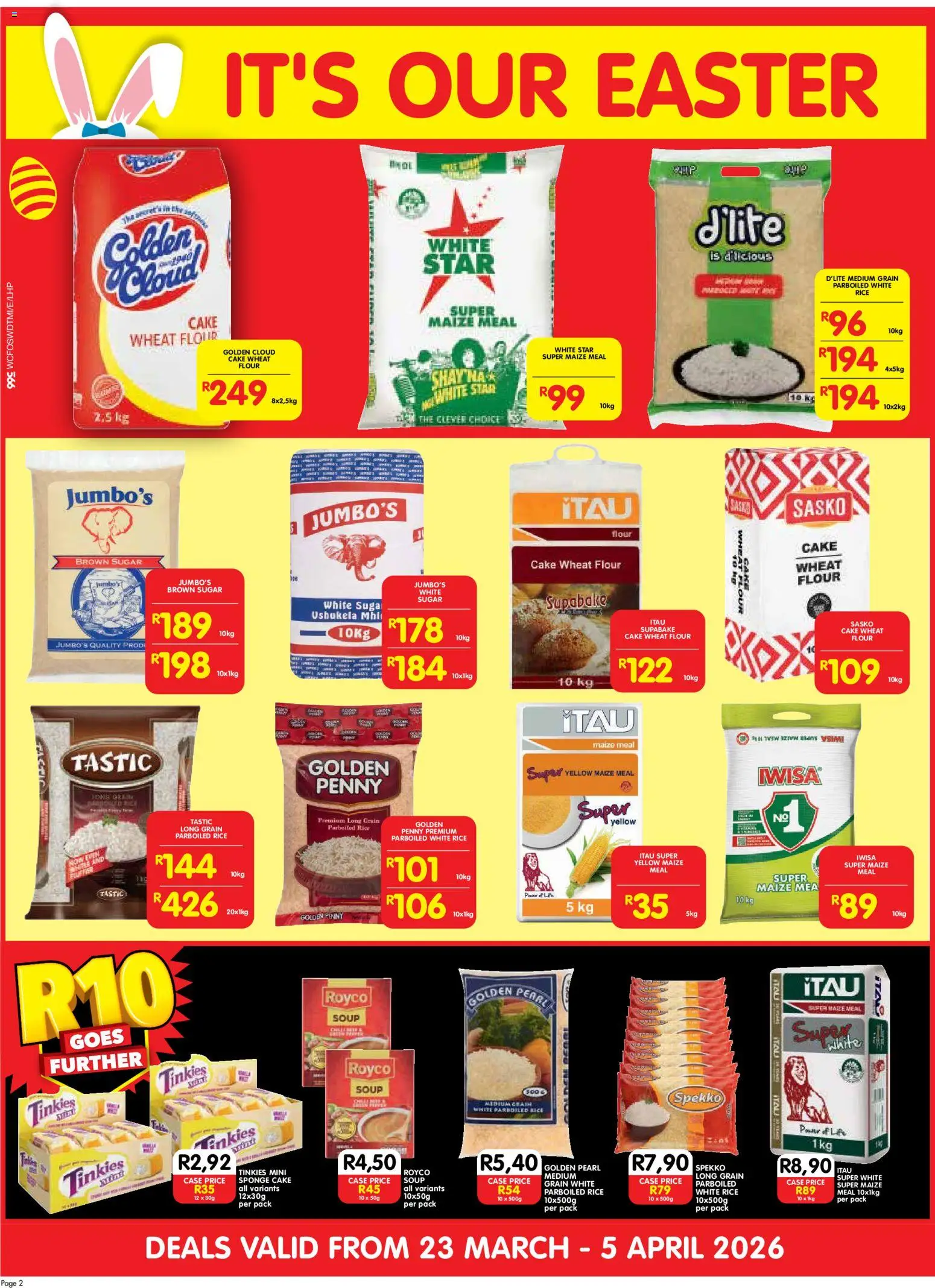 New Shoprite catalogue – valid from 23.03.2026 | Page: 2 | Products: Cake, Maize meal, Rice, Sugar