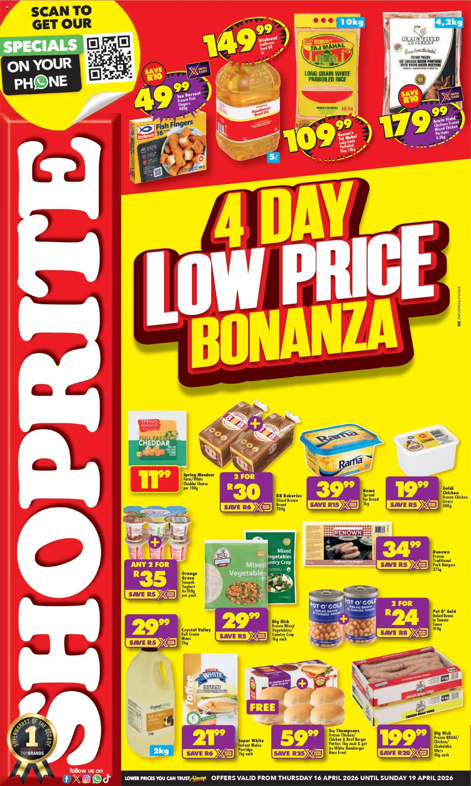 New Shoprite catalogue – valid from 16.04.2026 | Page: 1 | Products: Phone, Rice, Burgers, Tomato sauce