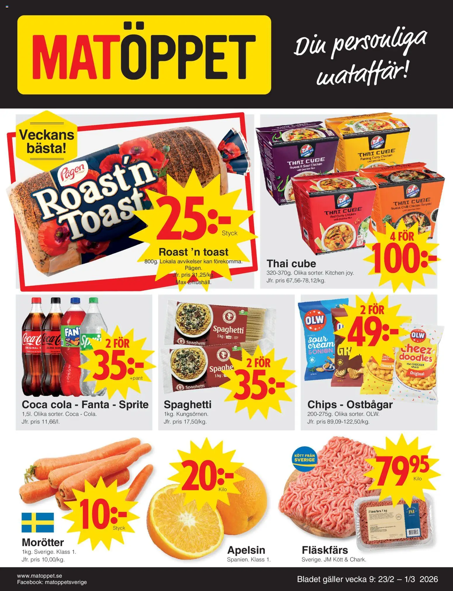 Matöppet reklamblad aktuell från 23.02.2026 | Sida: 1 | Produkter: Galler, Coca cola, Fanta, Spaghetti