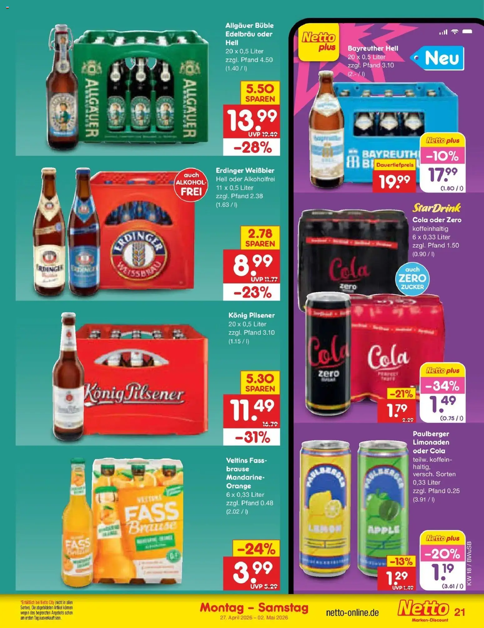 Netto Marken-Discount Prospekt Stemwede-Dielingen	 – gültig ab 27.04.2026 | Seite: 25 | Produkte: Bayreuther hell, Konig pilsener, Cola, Weißbier