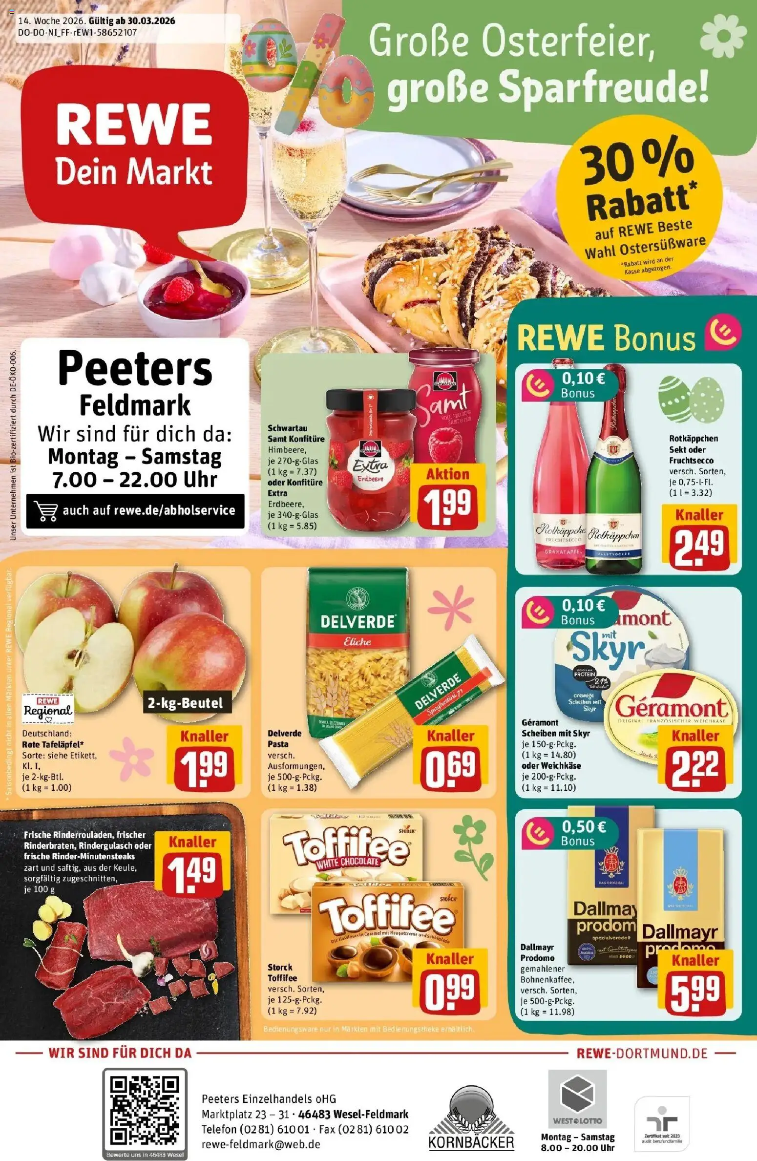 Rewe Prospekt Wesel	 – gültig ab 30.03.2026 | Seite: 1 | Produkte: Schokolade, Fruchtsecco, Dallmayr, Uhr