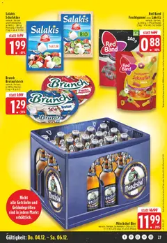 Mönchshof Bier, versch. Sorten, je Kasten = 20 x 0,5 l zzgl. € 4.50 Pfand ab 01.12.2025 gültig | Seite: 27 | Produkte: Monchshof, Paprika, Salakis, Schafskase
