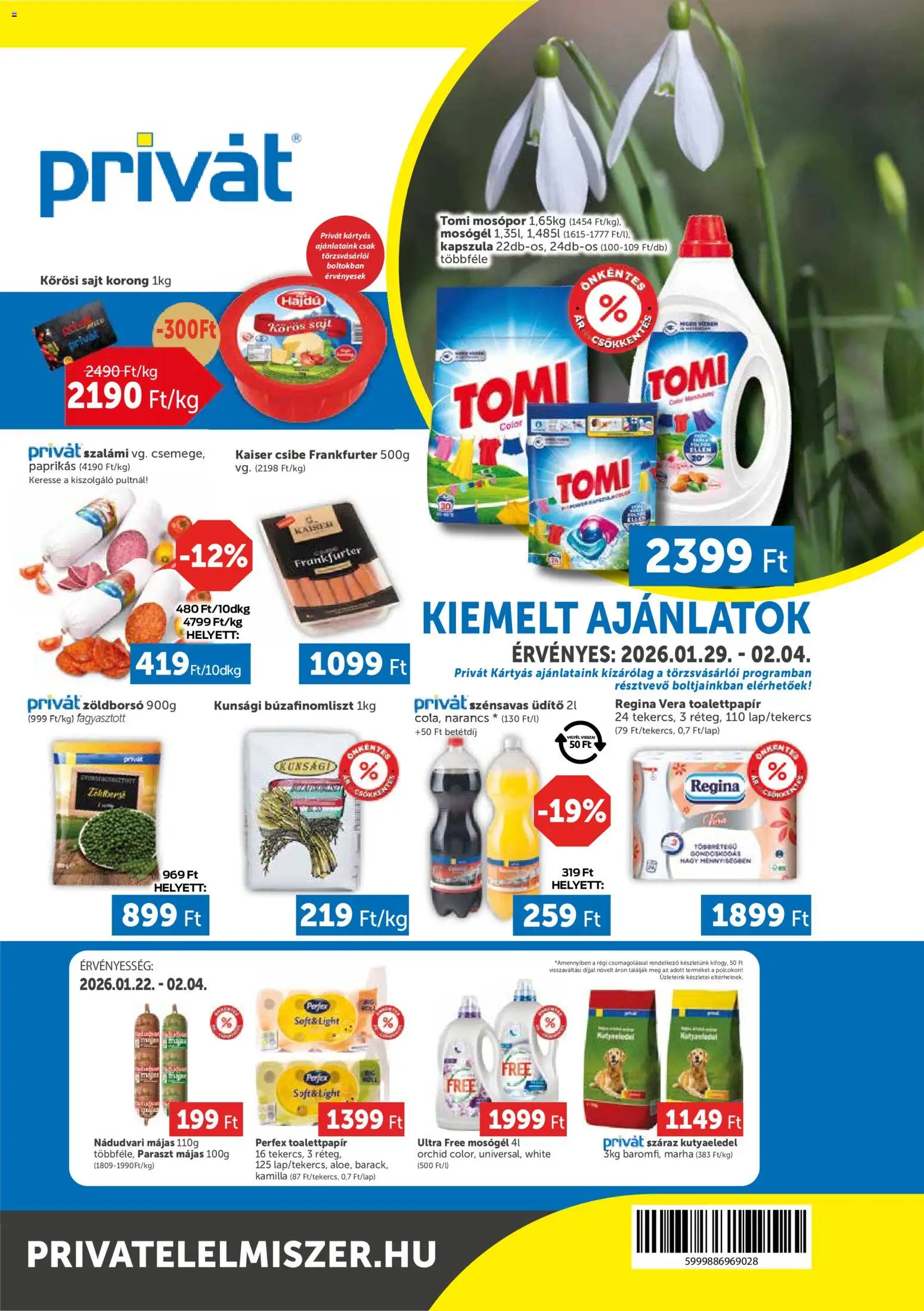 PRIVÁT akciós ujság - amely érvényes a következő dátumtól: 29.01.2026 | Oldal: 1 | Termékek: Kutyaeledel, Mosógél, Narancs, Mosópor