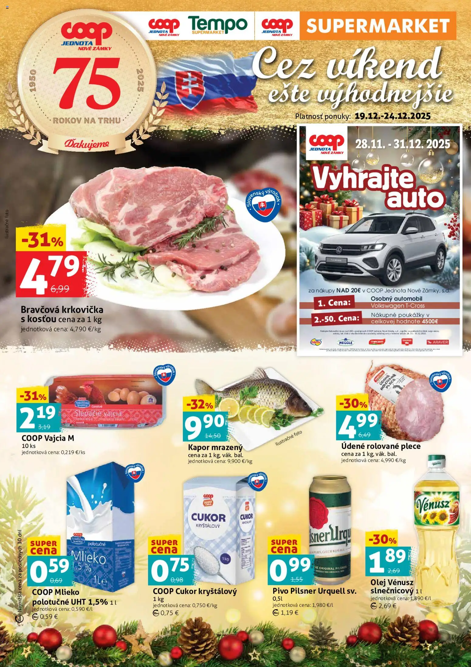 Nové COOP Jednota akcie – leták je platný od 19.12.2025 | Strana: 1 | Produkty: Vajcia, Olej, Bravčová krkovička, Krkovička