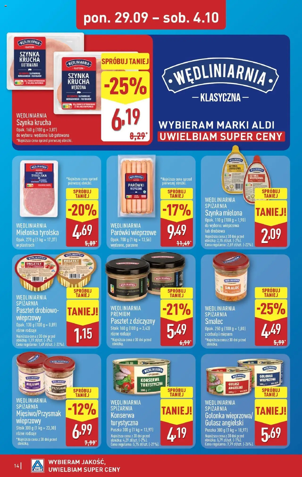 Aldi Gazetka od 29.09.2025 | Strona: 14 | Produkty: Szynka drobiowa, Mielonka tyrolska, Parówki wieprzowe, Parówki