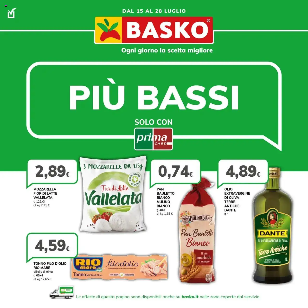 Volantino Basko del 15.07.2025 | Pagina: 1 | Prodotti: Mozzarella, Latte, Olio, Tonno