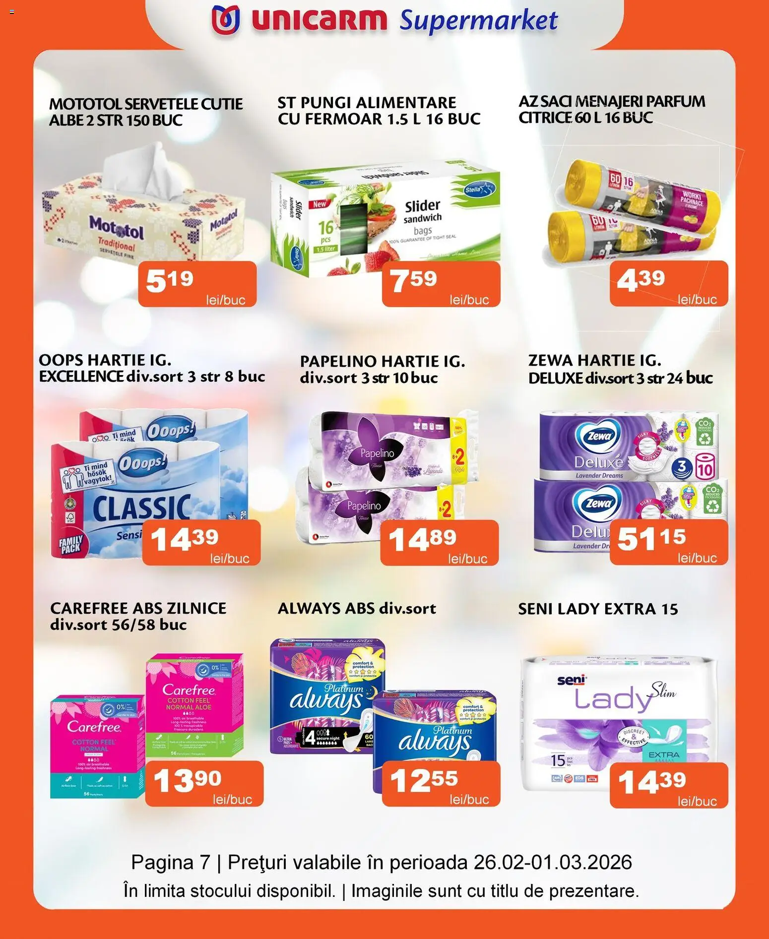 Noul catalog Unicarm – valabil de la 26.02.2026 | Pagină: 9 | Produse: Saci menajeri, Cutie, Parfum, Absorbante
