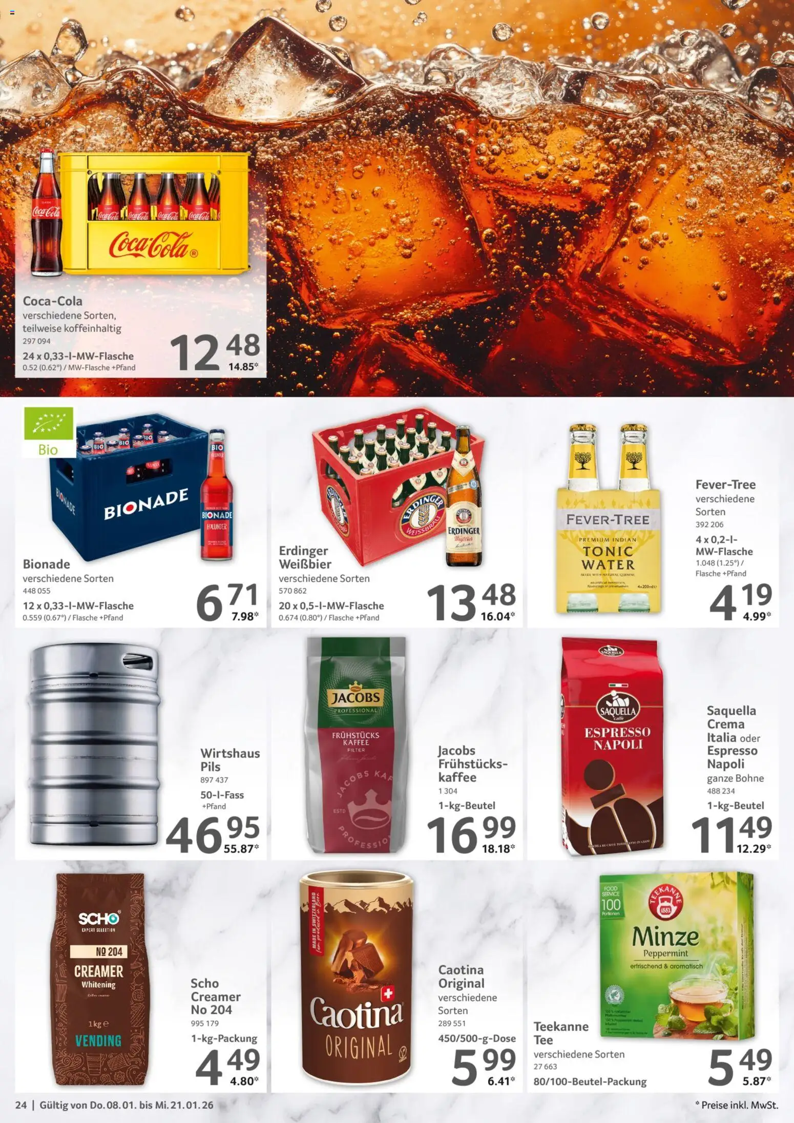 Selgros Gastronomie – gültig ab 08.01.2026 | Seite: 24 | Produkte: Erdinger, Weißbier, Bionade, Teekanne