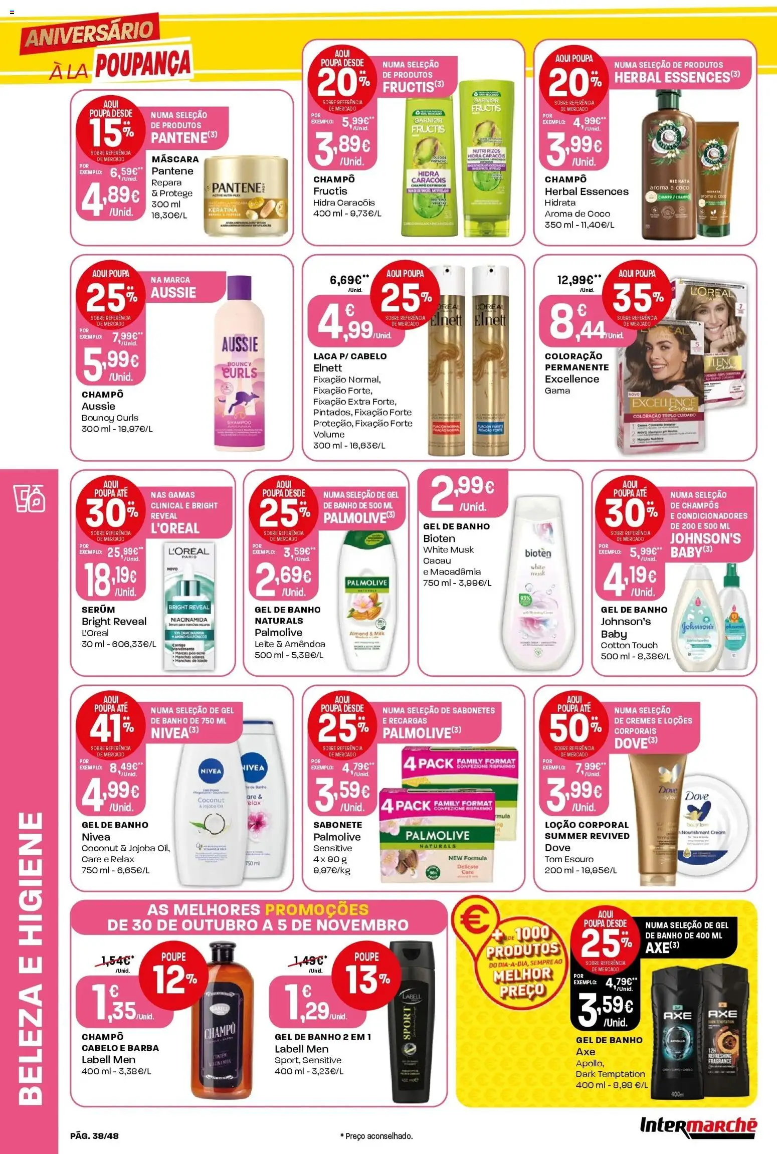 Intermarché - Aniversário à la poupança! » de 30/10/2025 - 05/11/2025 | Página: 38 | Produtos: Shampoo, Gel de banho, Sérum, Banho