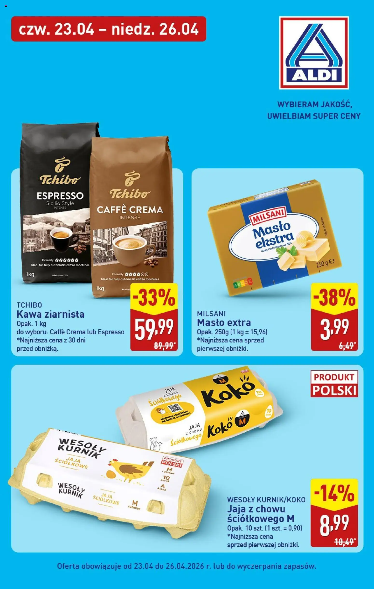 Aldi gazetka - Tani weekend od 23.04.2026 | Strona: 4 | Produkty: Kawa ziarnista, Tchibo kawa ziarnista, Tchibo, Jaja