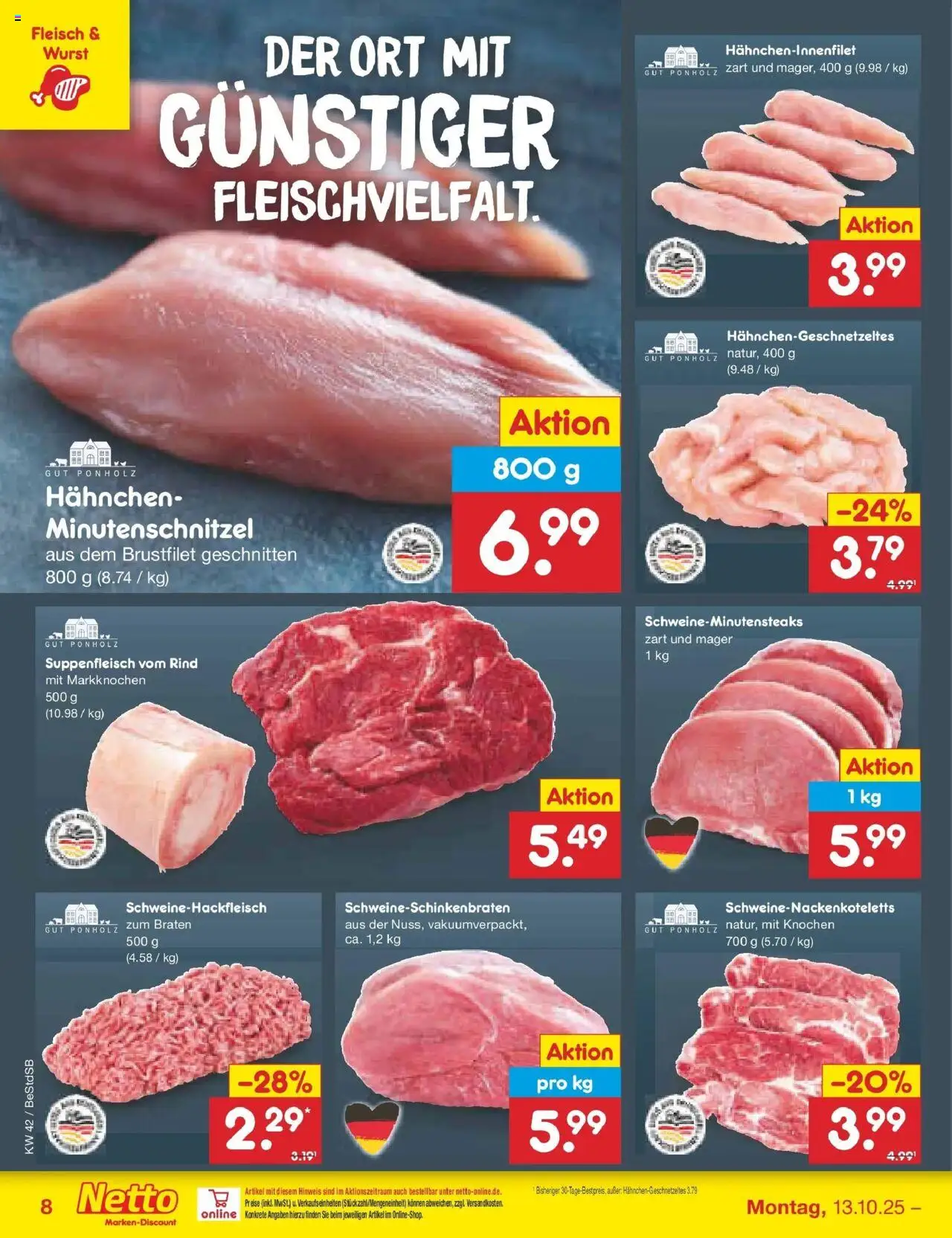 Netto Marken-Discount Prospekt 	 – gültig ab 13.10.2025 | Seite: 10 | Produkte: Hahnchen, Suppenfleisch, Wurst, Fleisch