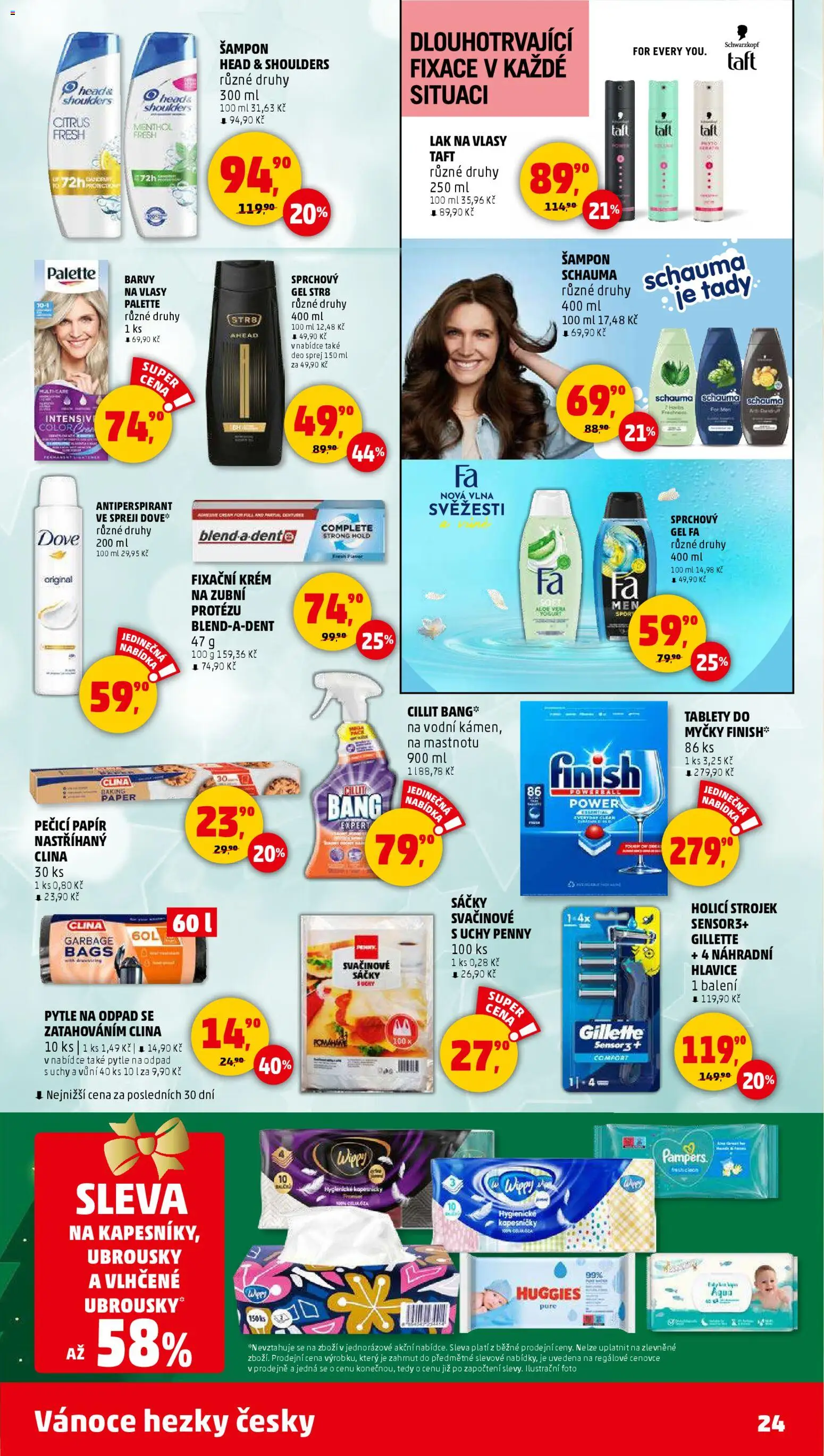 Penny Market leták - Čtvrtečník od 11.12.2025 | Strana: 24 | Produkty: Vlhčené ubrousky, Finish, Lak na vlasy Taft, Lak na vlasy