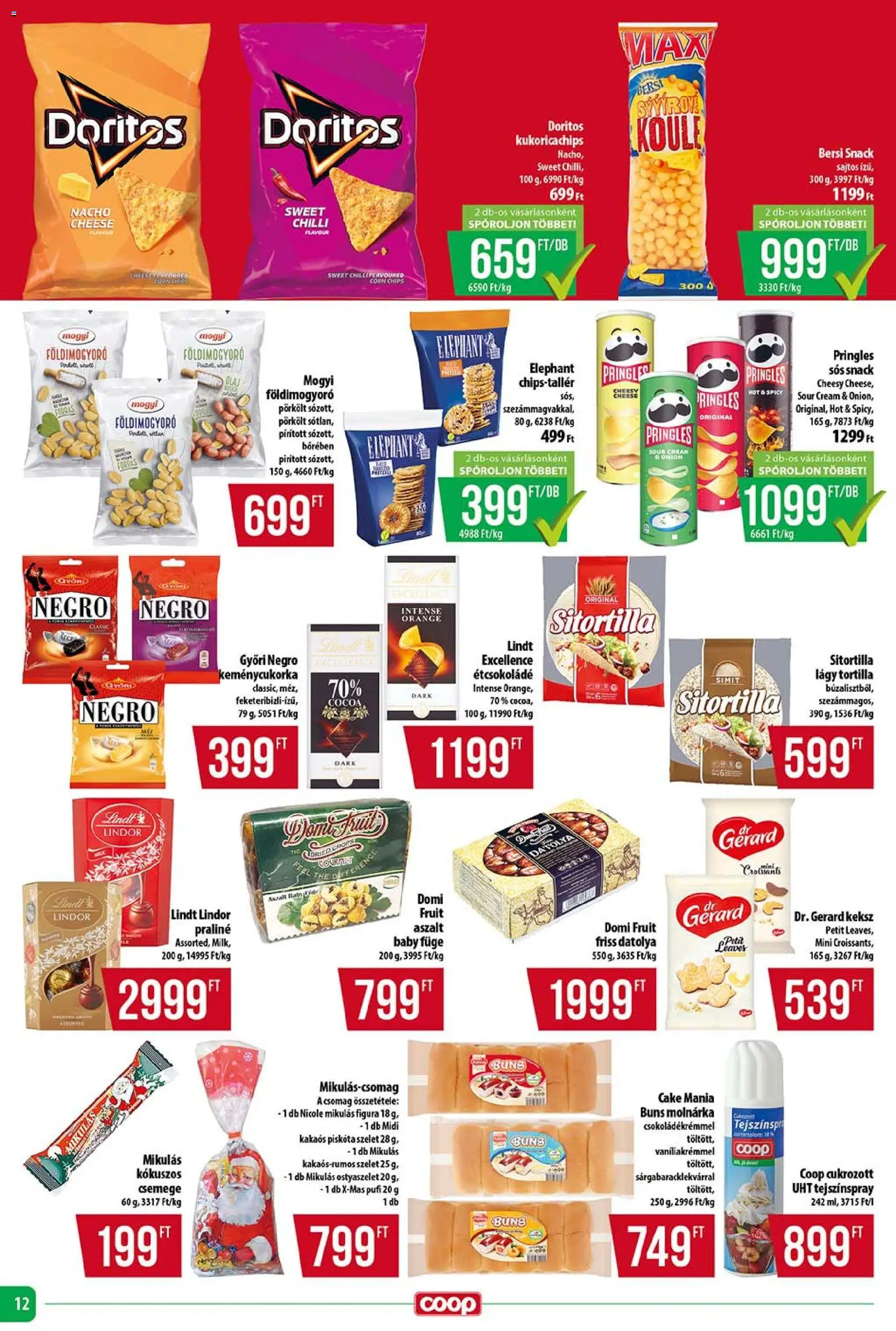 COOP akciós ujság - amely érvényes a következő dátumtól: 13.11.2025 | Oldal: 12 | Termékek: Piskóta, Pringles, Ostyaszelet, Étcsokoládé