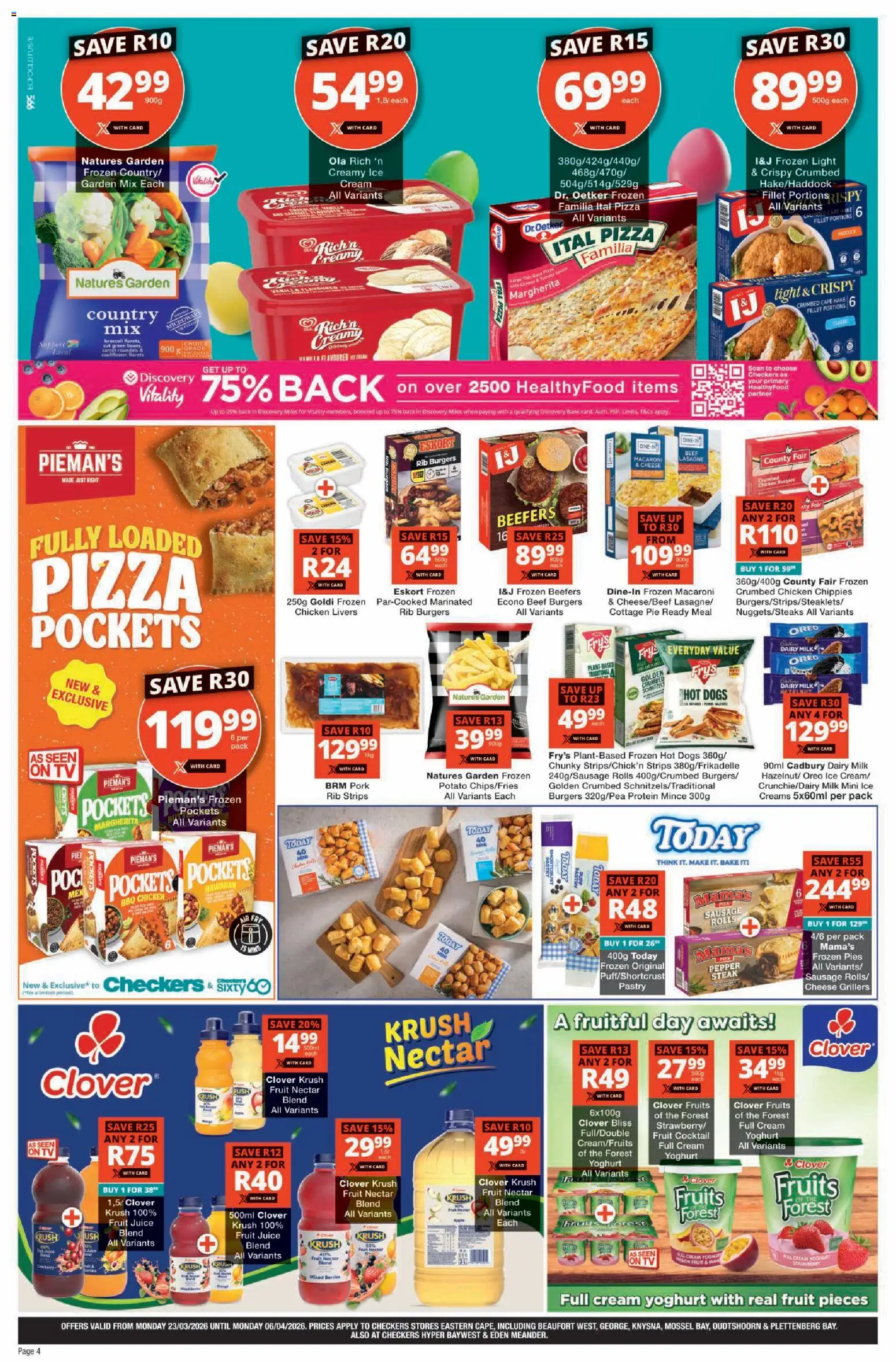 New Checkers catalogue – valid from 23.03.2026 | Page: 4 | Products: Yoghurt, Cheese, Pizza, Chicken
