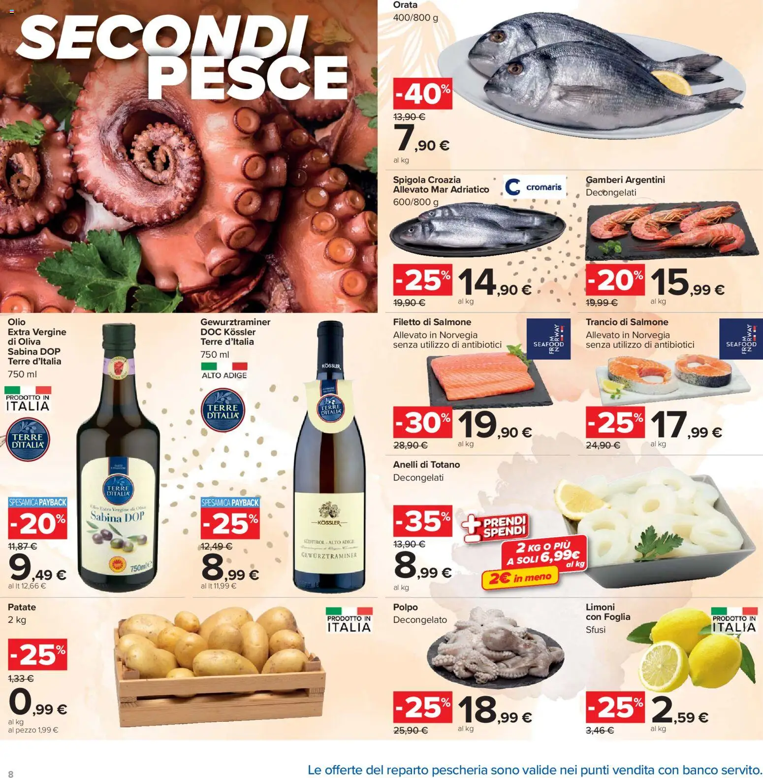 Volantino Carrefour del 24.03.2026 | Pagina: 8 | Prodotti: Salmone, Gamberi, Olio, Olio extra vergine