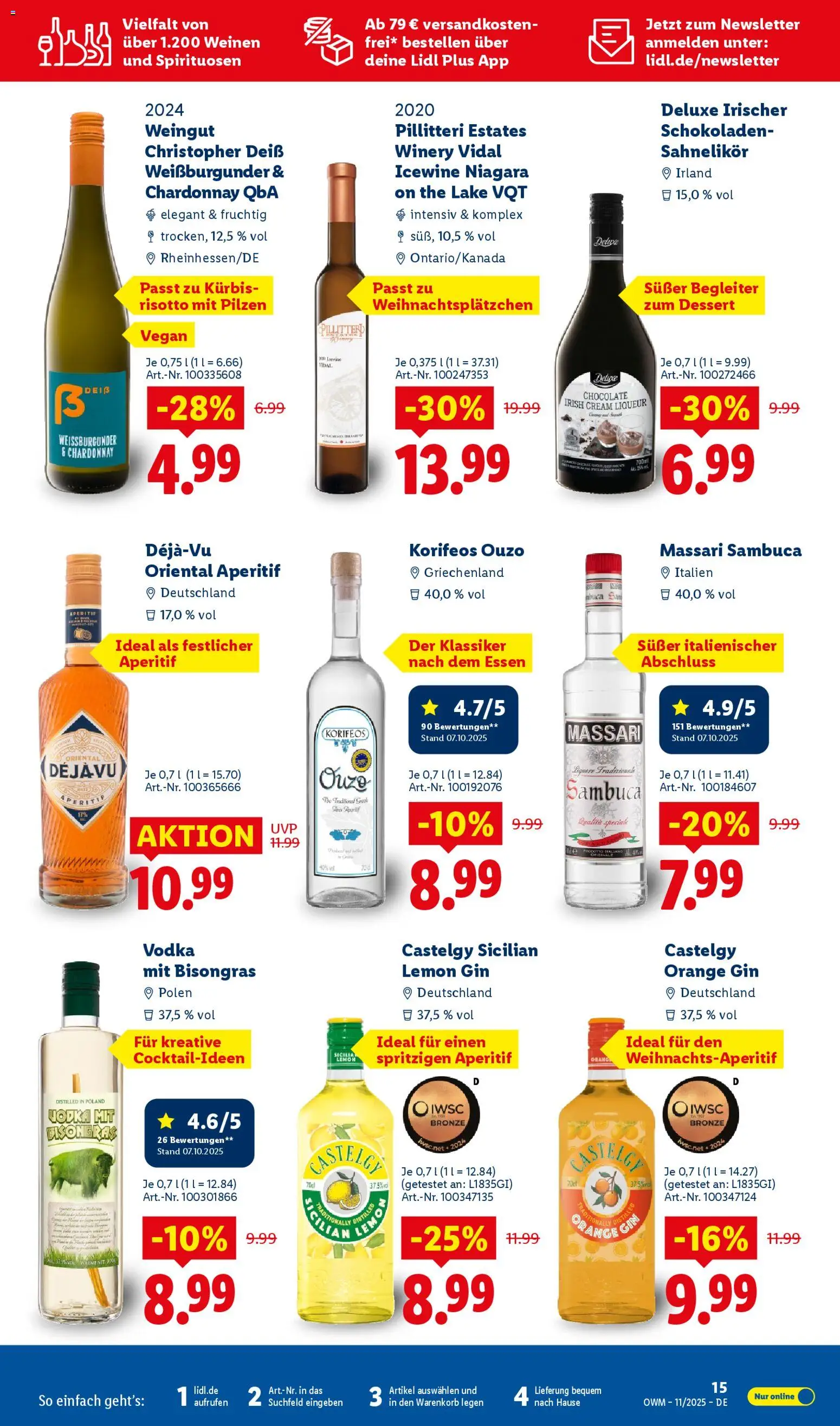 Lidl  Wein & Spirituosen – gültig ab 01.11.2025 | Seite: 15 | Produkte: Ouzo, Sambuca, Kürbis, Vodka