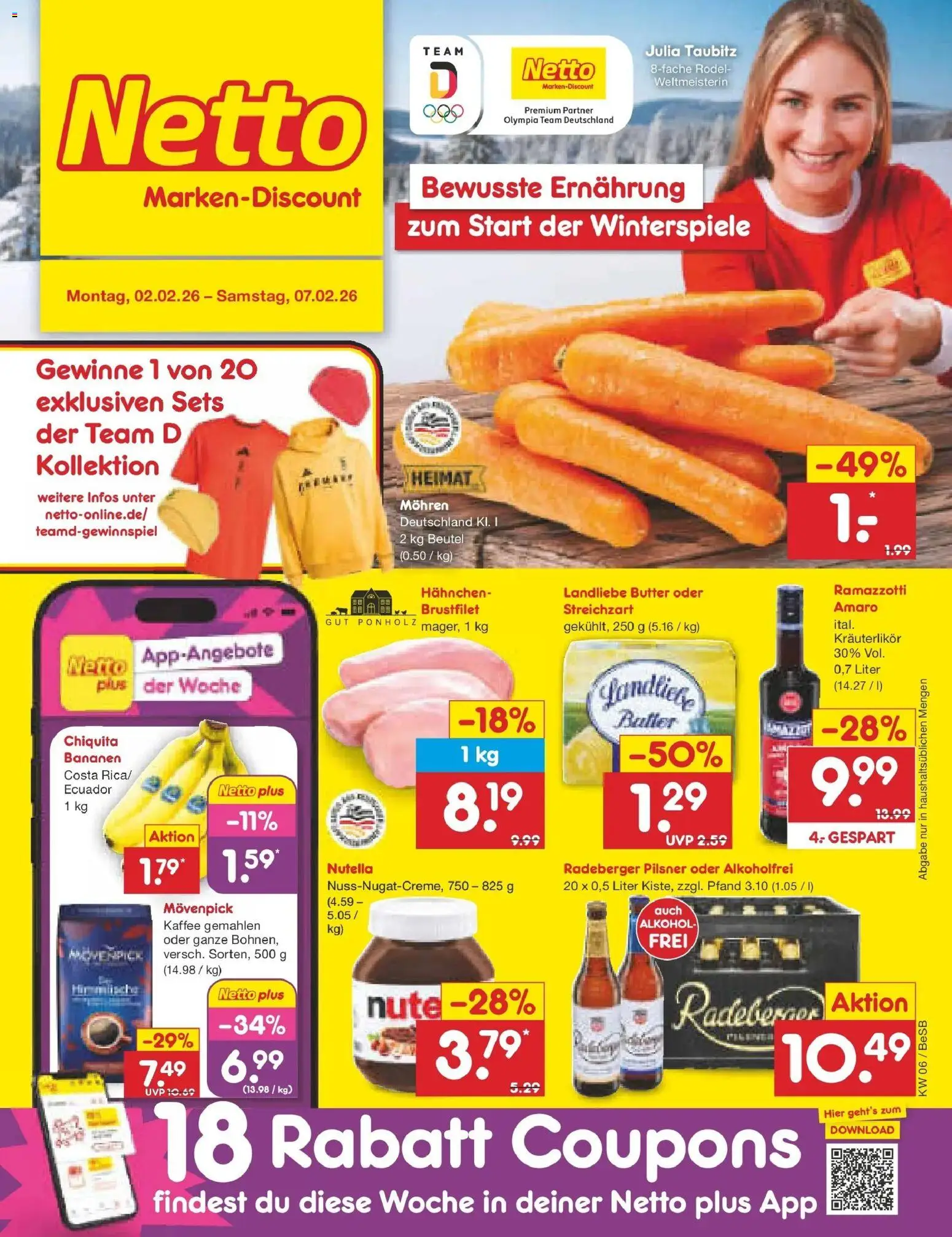 Netto Marken-Discount prospekt Kremmen	 – gültig ab 02.02.2026 | Seite: 1 | Produkte: Hahnchen, Bananen, Nutella, Ramazzotti