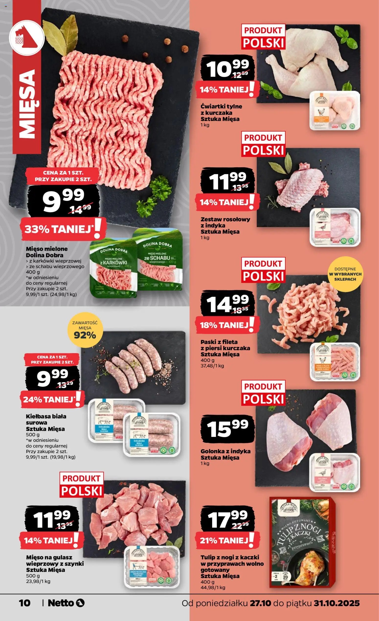 Netto gazetka - Spożywcza od 27.10.2025 | Strona: 10 | Produkty: Kiełbasa, Piersi, Mięso mielone, Gulasz