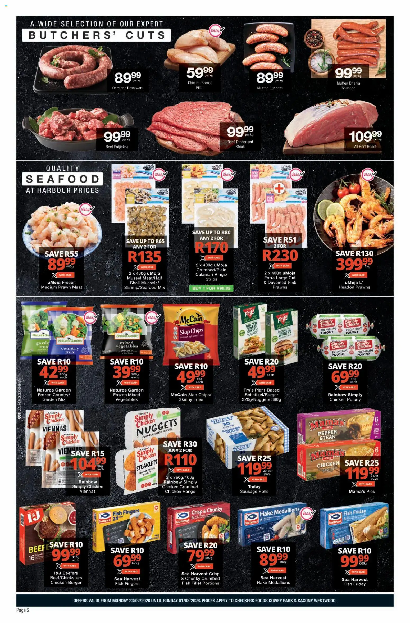 New Checkers catalogue – valid from 23.02.2026 | Page: 2 | Products: Polony, Fish, Burgers, Sausage