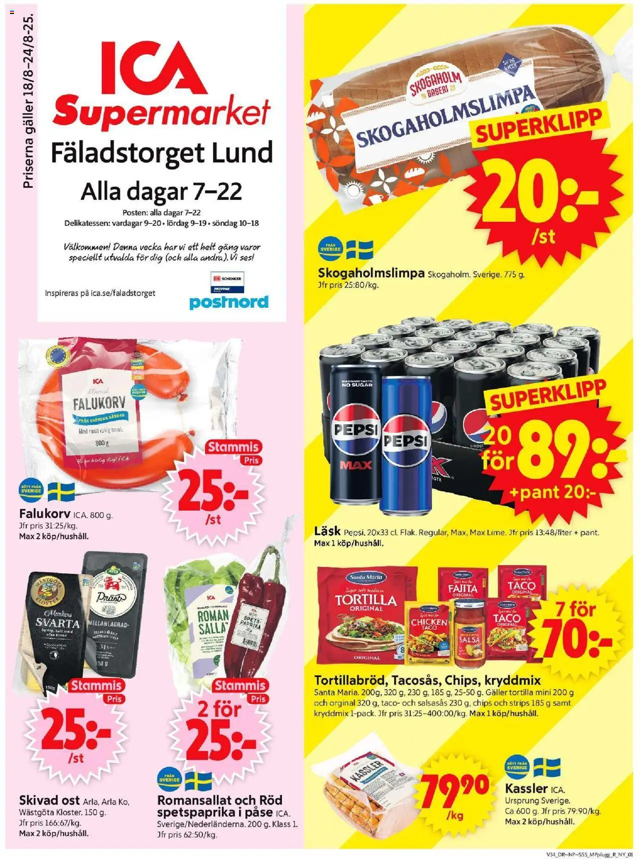 ICA Supermarket reklamblad aktuell från 18.08.2025 | Sida: 1 | Produkter: Kassler, Galler, Chips, Pepsi
