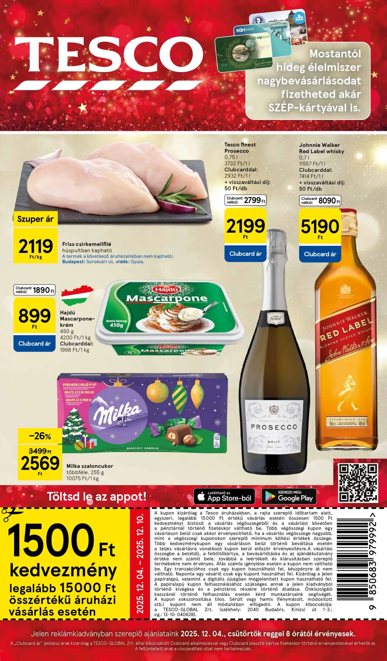 Tesco akciós ujság - amely érvényes a következő dátumtól: 04.12.2025 | Oldal: 1 | Termékek: Szaloncukor, Mascarpone, Whisky, Só