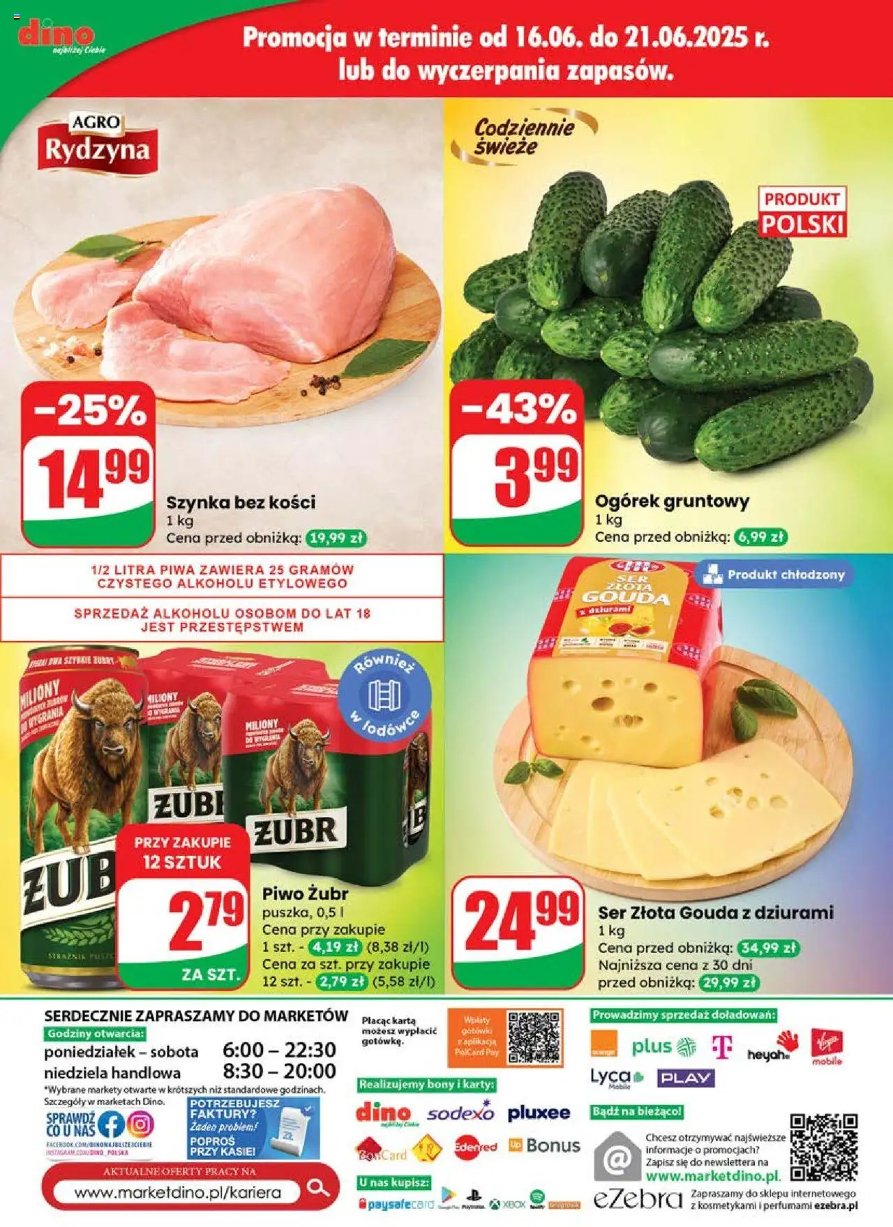 Dino Gazetka od 18.06.2025 | Strona: 76 | Produkty: Piwo żubr, Szynka, Ser, Piwo