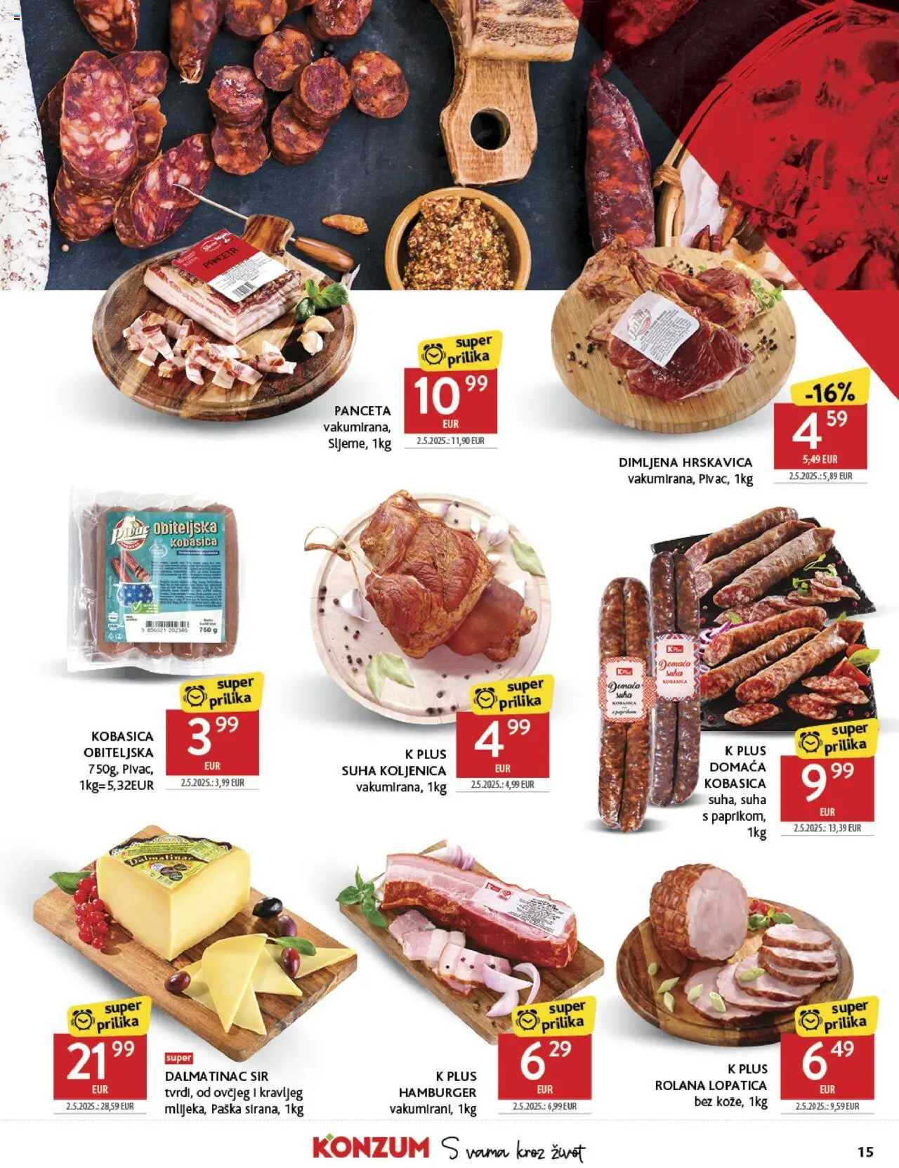 Konzum katalog | vrijedi od 01.10.2025 | Stranica: 15 | Proizvodi: Sir, Kobasica, Hamburger, Panceta
