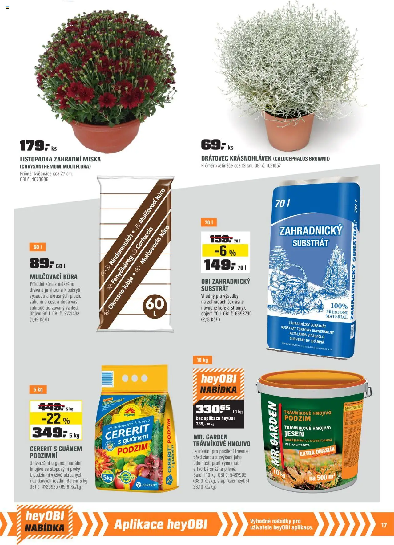OBI leták - Karlovy Vary, Mladá Boleslav, Králův Dvůr od 01.10.2025 | Strana: 17 | Produkty: Květináče, Substrát, Trávníkové hnojivo, Miska