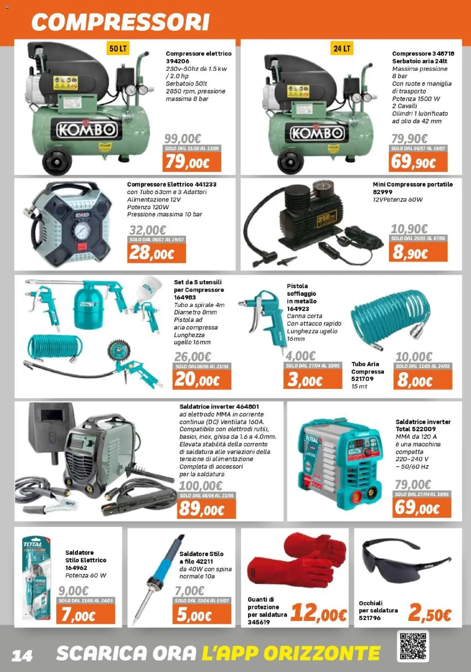 Volantino Orizzonte del 15.04.2026 | Pagina: 14 | Prodotti: Compressore, Guanti, Occhiali, Saldatrice
