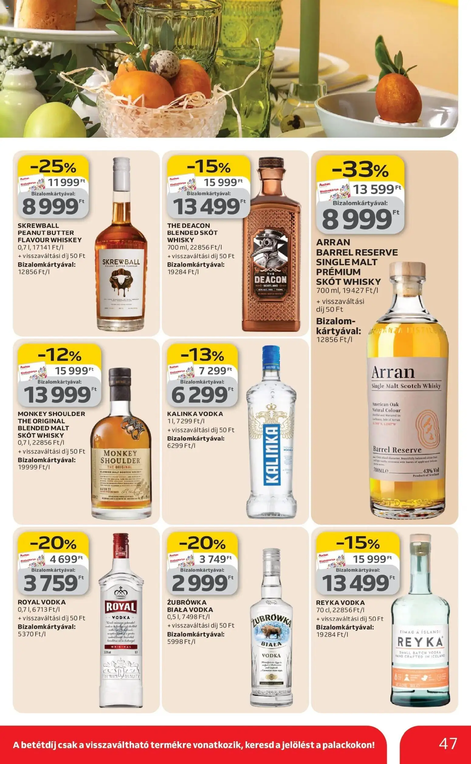 Auchan akciós ujság - amely érvényes a következő dátumtól: 12.03.2026 | Oldal: 47 | Termékek: Whiskey, Vodka, Whisky