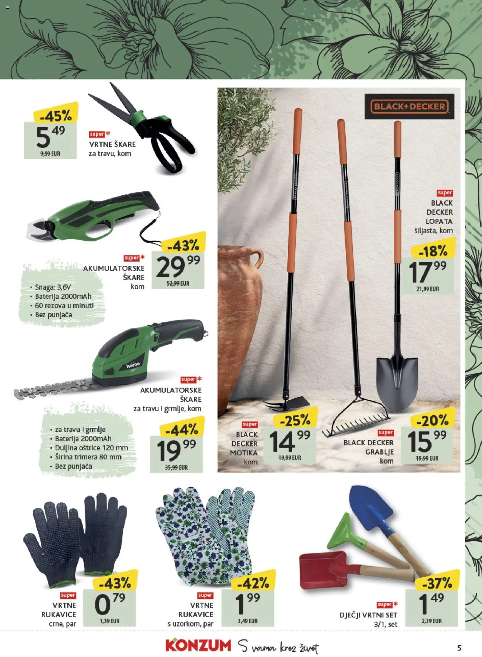 Konzum katalog | vrijedi od 23.03.2026 | Stranica: 5 | Proizvodi: Baterija, Rukavice, Škare, Grablje