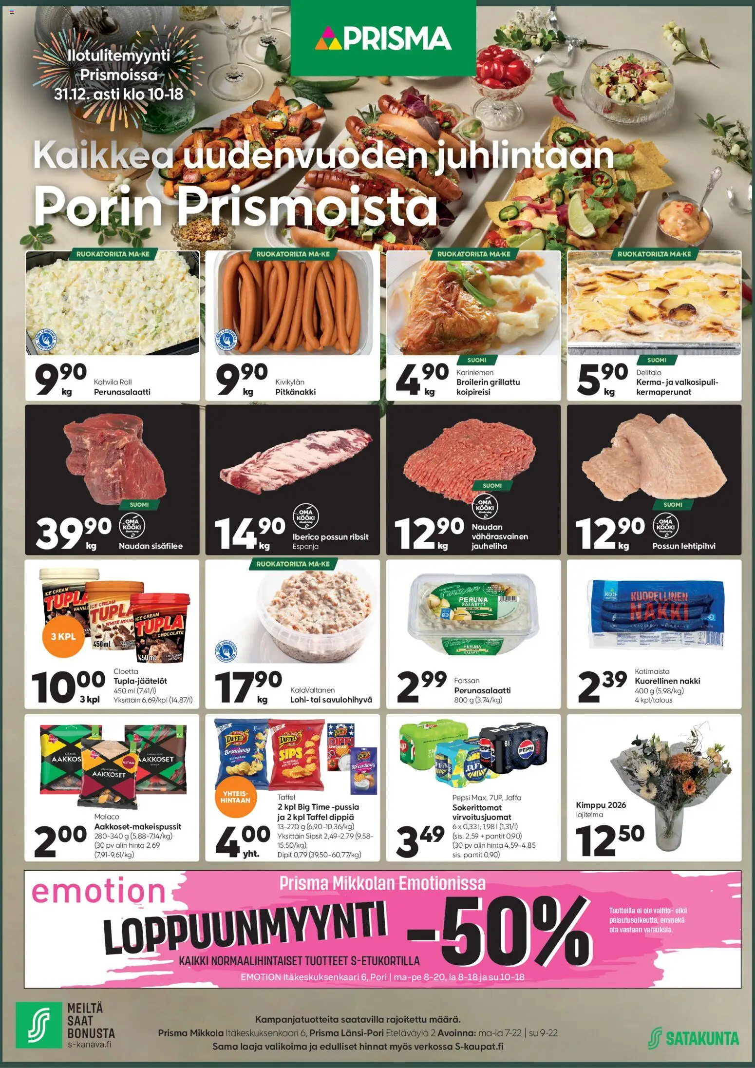 Prisma - Kaikkea uudenvuoden juhlintaan – voimassa 31.12.2025 alkaen | Sivu: 1 | Tuotteet: Pepsi, Peruna, Kerma, Salaatti