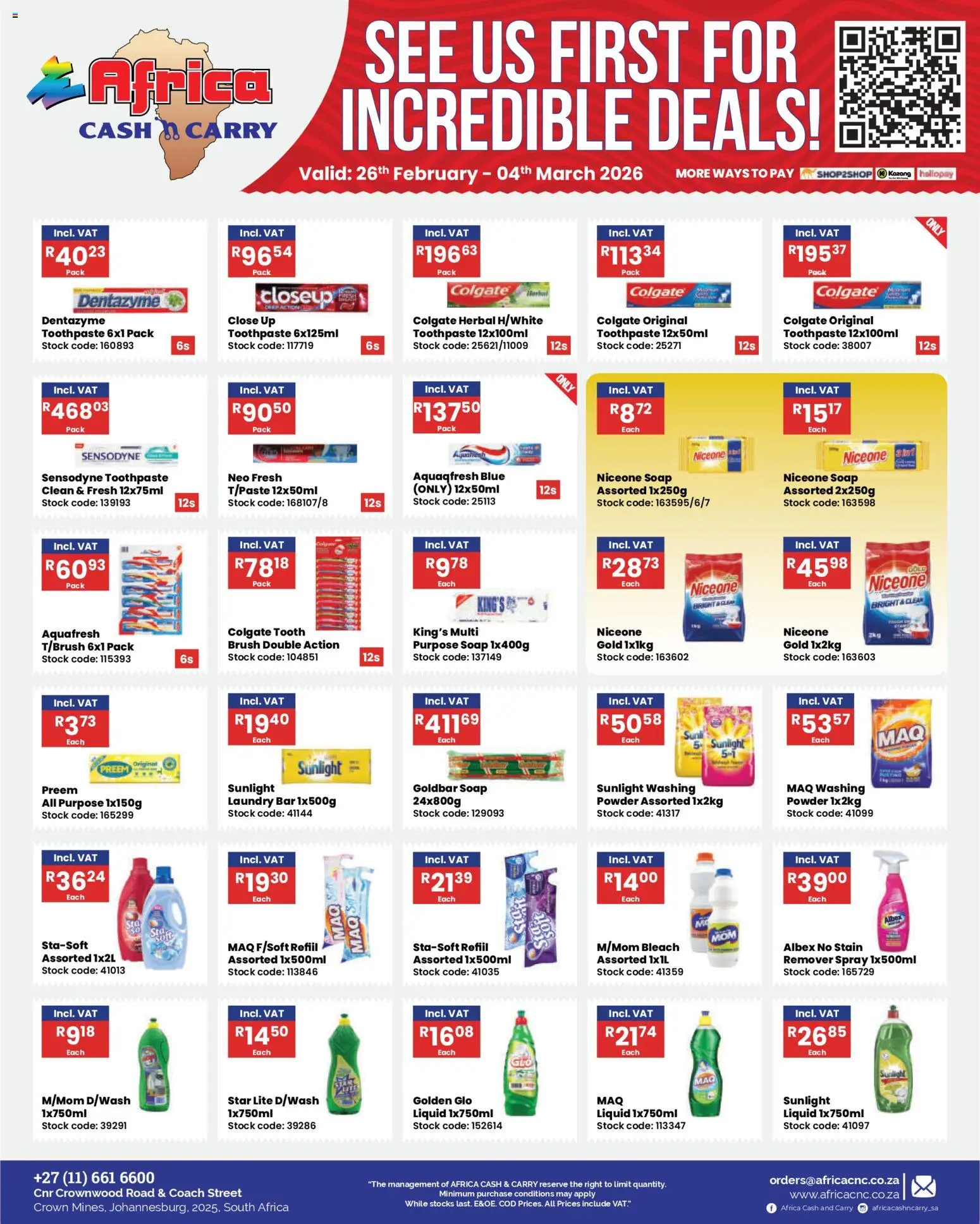 New Africa Cash & Carry catalogue – valid from 26.02.2026 | Page: 11 | Products: Brush, Stock, Soap, Toothpaste