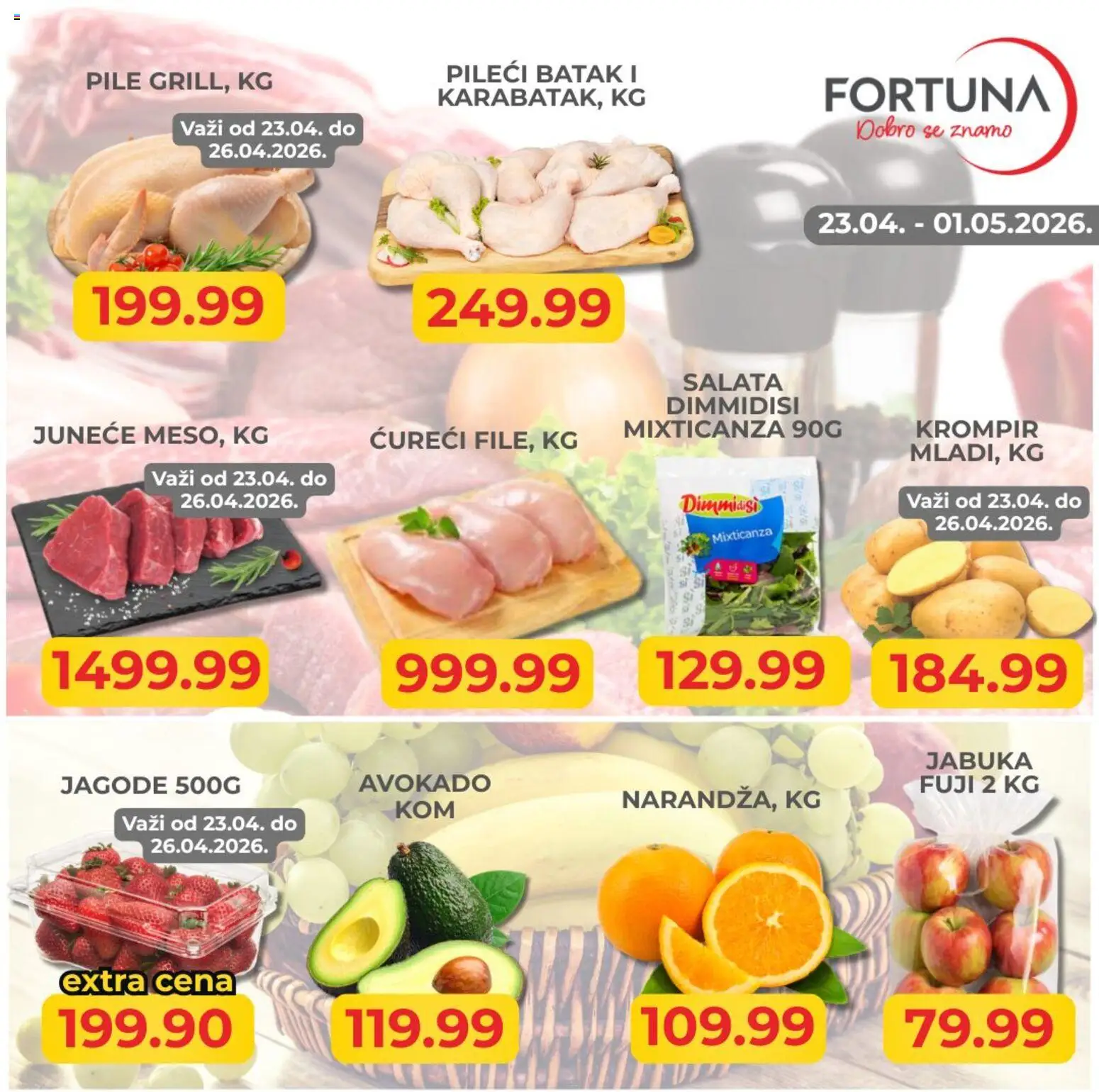 Fortuna Market katalog - važi od 23.04.2026 | Strana: 1 | Proizvode: Jagode, Salata, Krompir, Pileći batak