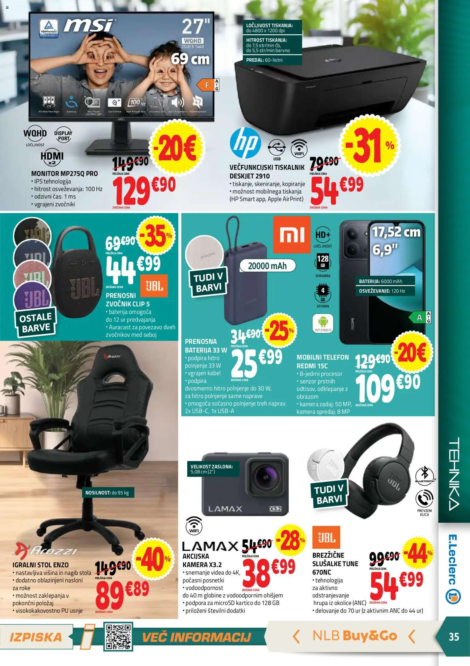 Novi E.leclerc katalog ponudbe – veljaven od 22.04.2026 | Stran: 35 | Izdelki: Monitor, Baterija, Slusalke, Stol