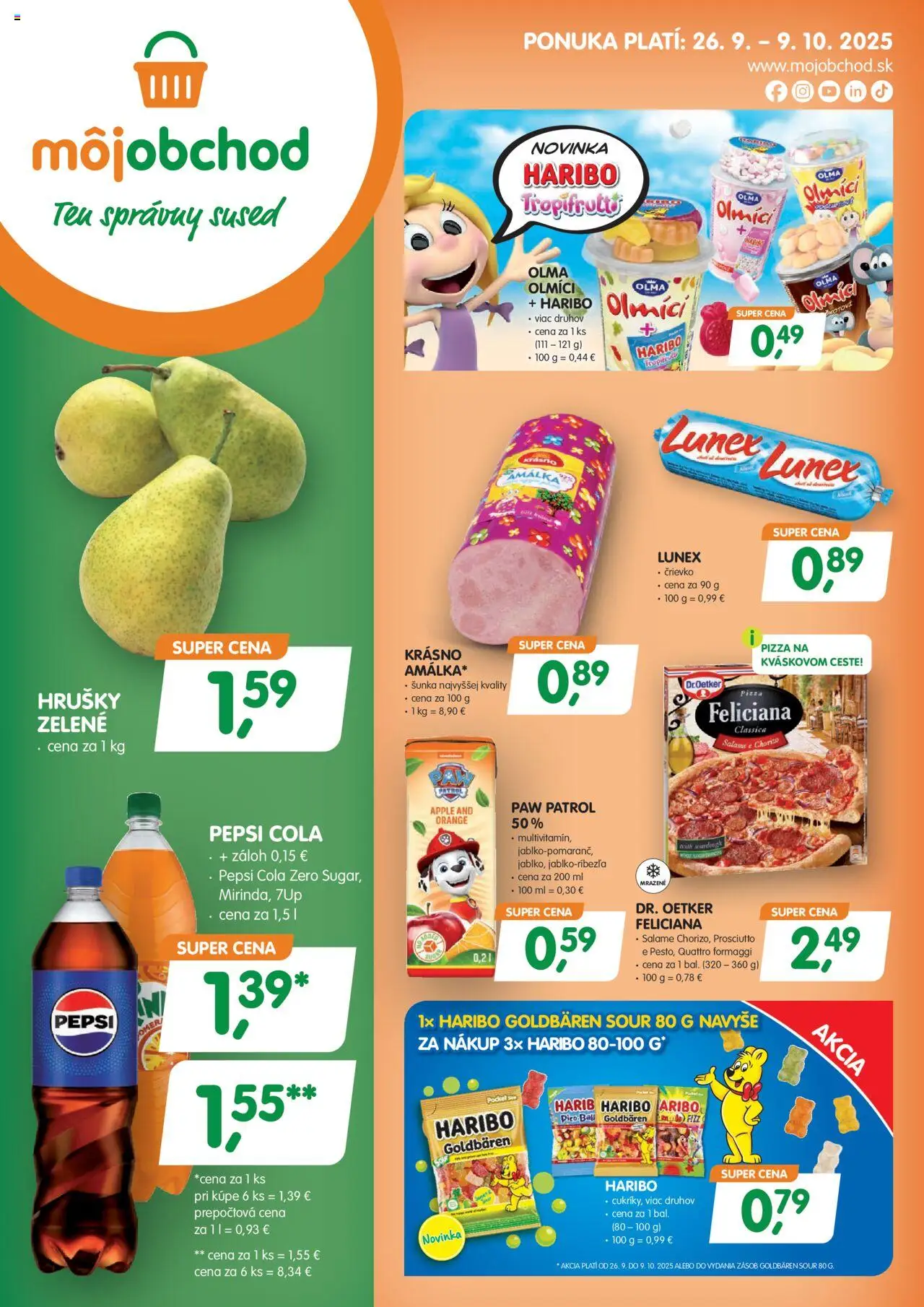 Nové Môj obchod akcie – leták je platný od 26.09.2025 | Strana: 1 | Produkty: Šunka, Apple, Hrušky, Cola