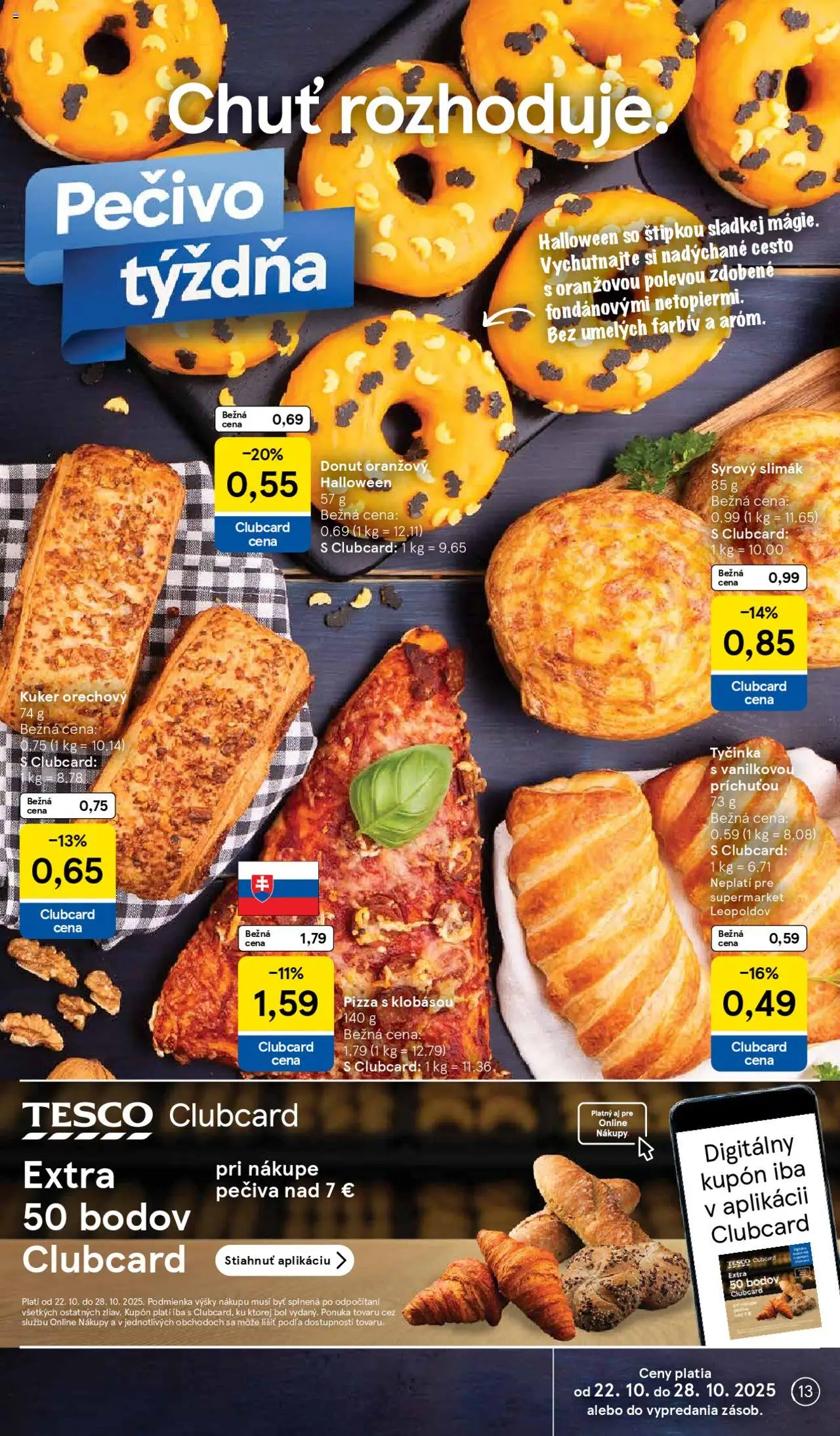 Nové Tesco akcie – leták je platný od 22.10.2025 | Strana: 13 | Produkty: Pizza, Donut