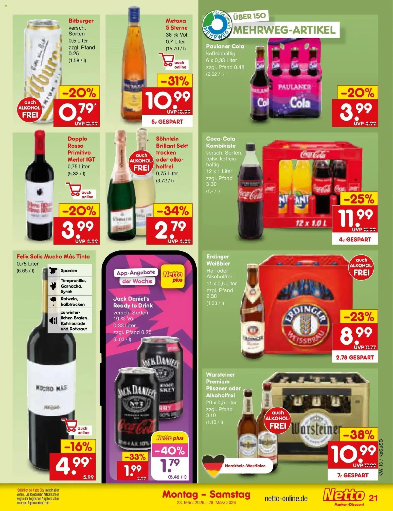 Netto Marken-Discount Prospekt Kruft	 – gültig ab 23.03.2026 | Seite: 23 | Produkte: Bitburger, Erdinger, Sekt, Paulaner