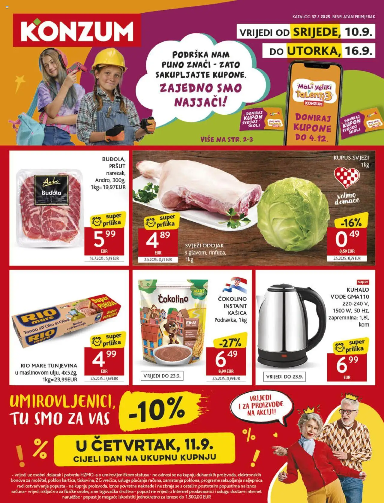 Konzum katalog | vrijedi od 10.09.2025 | Stranica: 1 | Proizvodi: Odojak, Rio Mare, Kupus, Čokolino